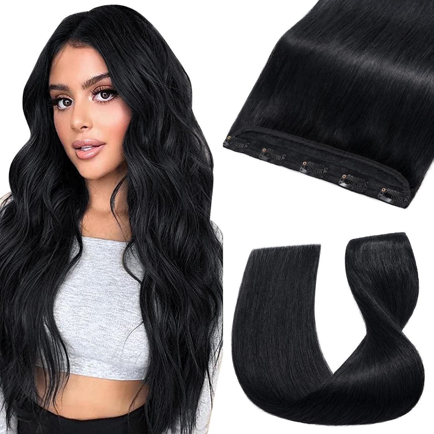 Echthaar-Extension Clip in Extensions Echthaar Lackschwarz