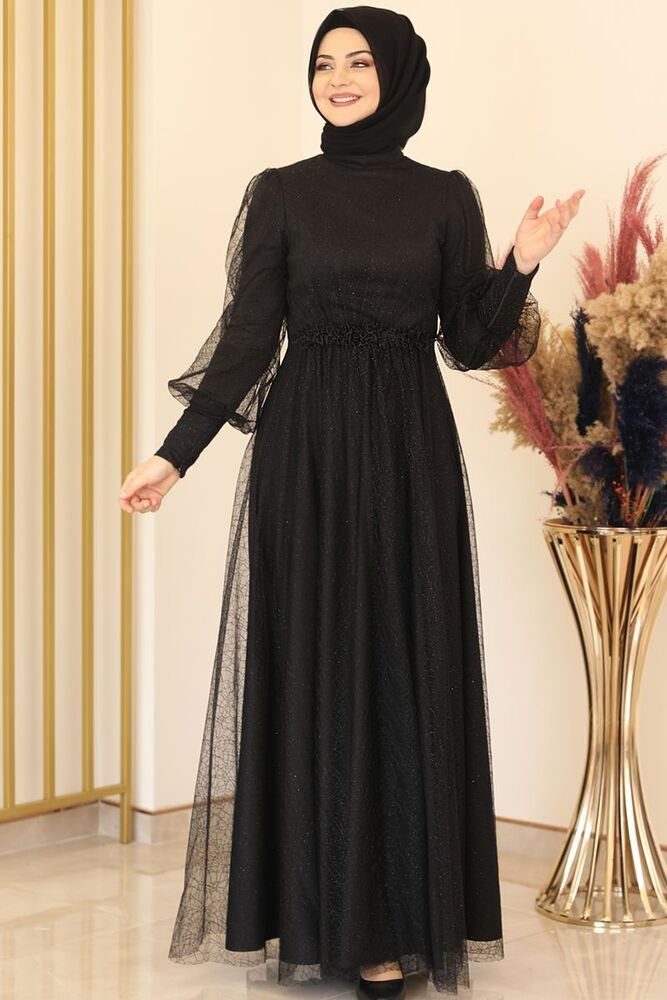 fashionshowcase Abendkleid silbriges Tüllkleid Abiye Abaya Hijab Kleid Maxikleid (SIMLI GAMZE) (ohne Hijab) Hoher Kragen, kein Ausschnitt.