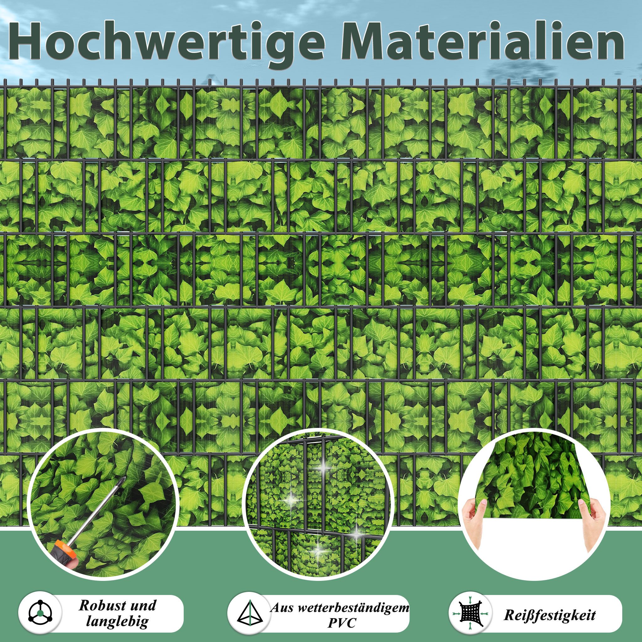 FIVMEN Sichtschutzstreifen PVC Sichtschutz Sichtschutzfolie, 35m Lang 19cm Hoch, Große Blätter, mit Befestigungsclipse Gartenzaun Windschutz für Zaun – Bild 3 von 5