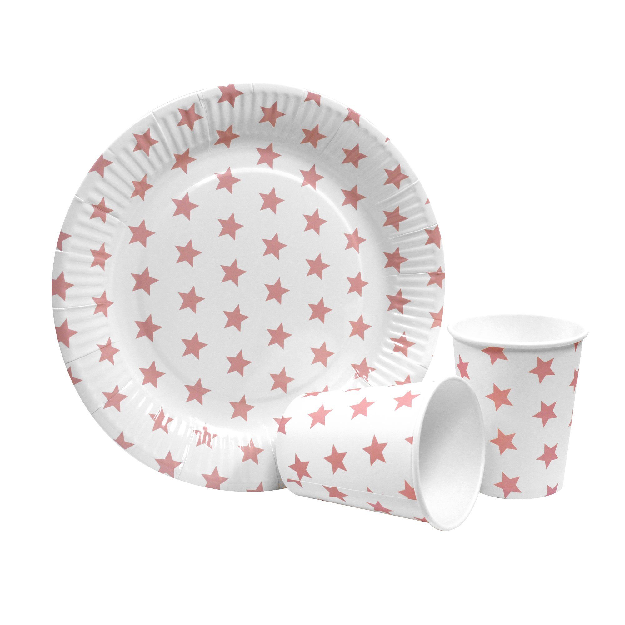 Frau WUNDERVoll Einweggeschirr-Set Partyset: 12 Pappbecher + 12 Pappteller rosa Sterne, Partygeschirr (24-tlg), Pappe