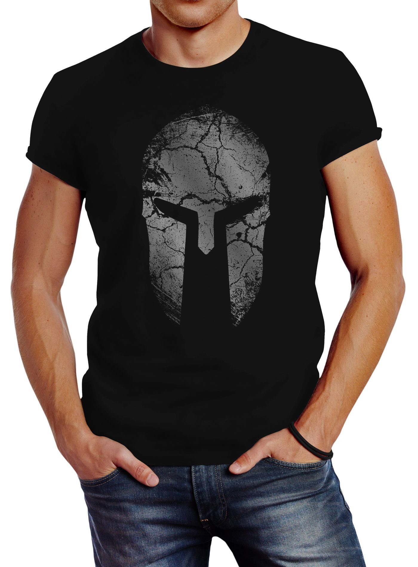 Sparta Neverless® mit Streetstyle Fashion Warrior Print Neverless Aufdruck Spartan T-Shirt Herren Print-Shirt Helm