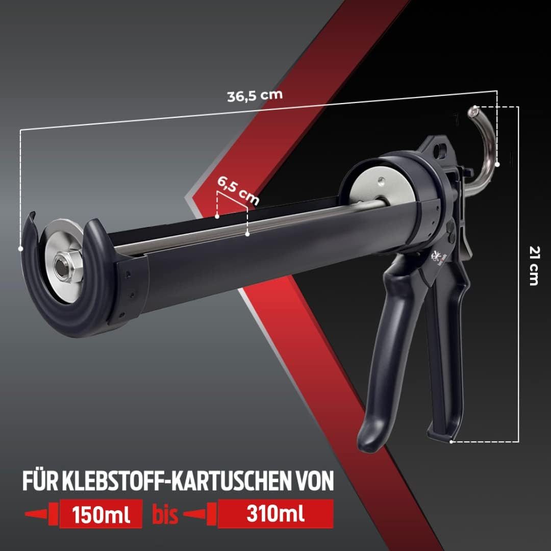 bestTools Fliesenspachtel Profi Kartuschenpresse 150-310ml 20:1 Silikonpistole inkl. 5 Spitzen Starke 4000N Kraftübertragung 360° drehbar Nachlaufstop Alu-Griff – Bild 3 von 4