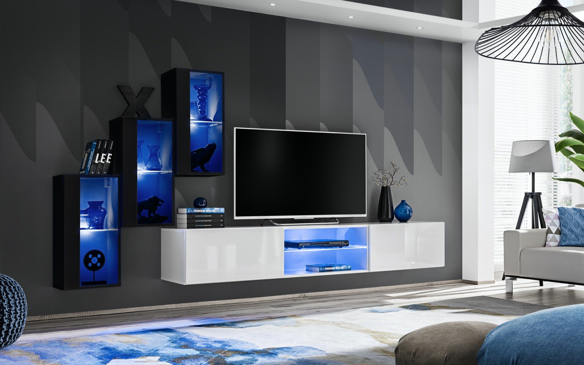 JVmoebel Wohnwand Neu Wohnwand Weiß TV Ständer mit 3x Hänge Vitrine Schwarz Modern Set, (4-St., TV Ständer + 3x Hänge Vitrine), LED beleuchtet