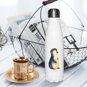 Mr. & Mrs. Panda Thermoflasche Pinguin Blumen - Weiß - Geschenk, Lebenslust, Thermos, Edelstahl, Zie, Liebevolle Designs
