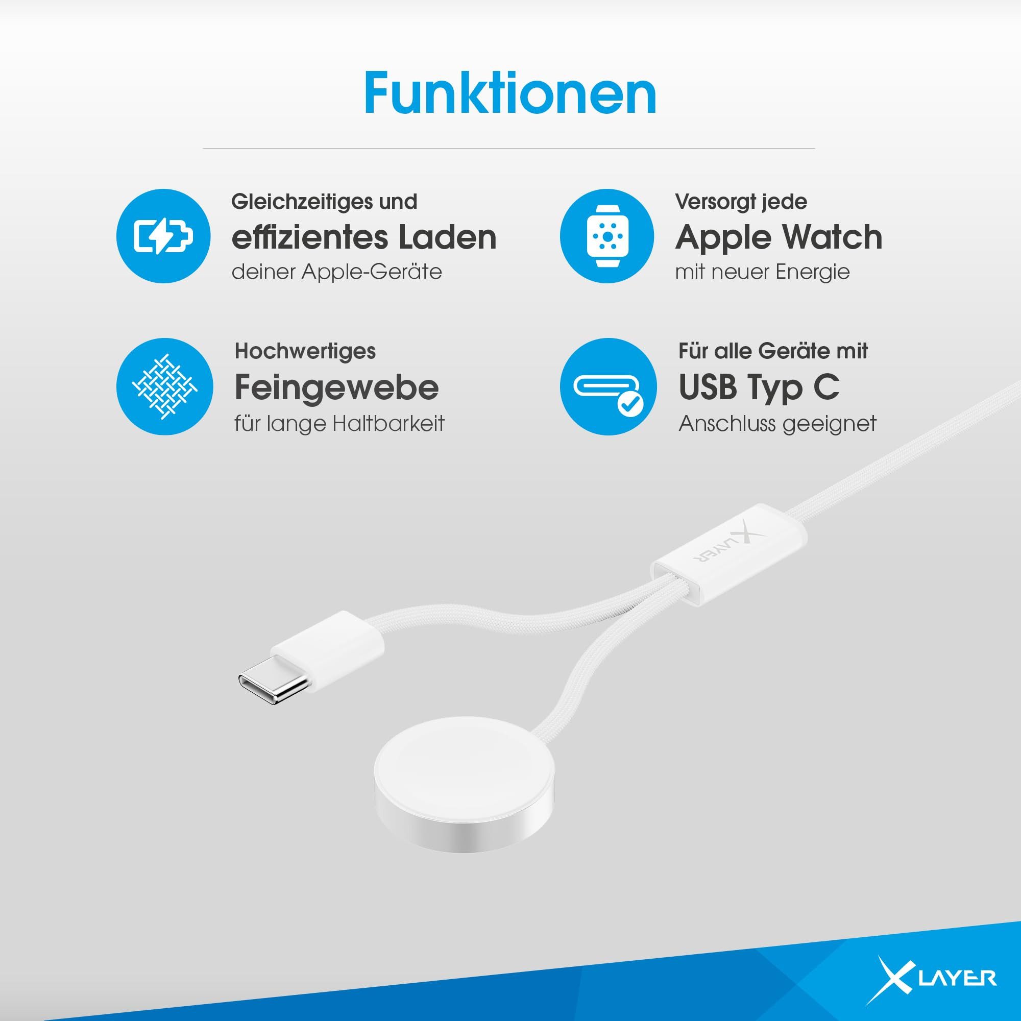 XLAYER XLayer feingewebtes 2-in-1 Premium-Kabel Computer-Kabel, 2-in-1 Kabel mit USB Typ C & Apple Watch Ladestation