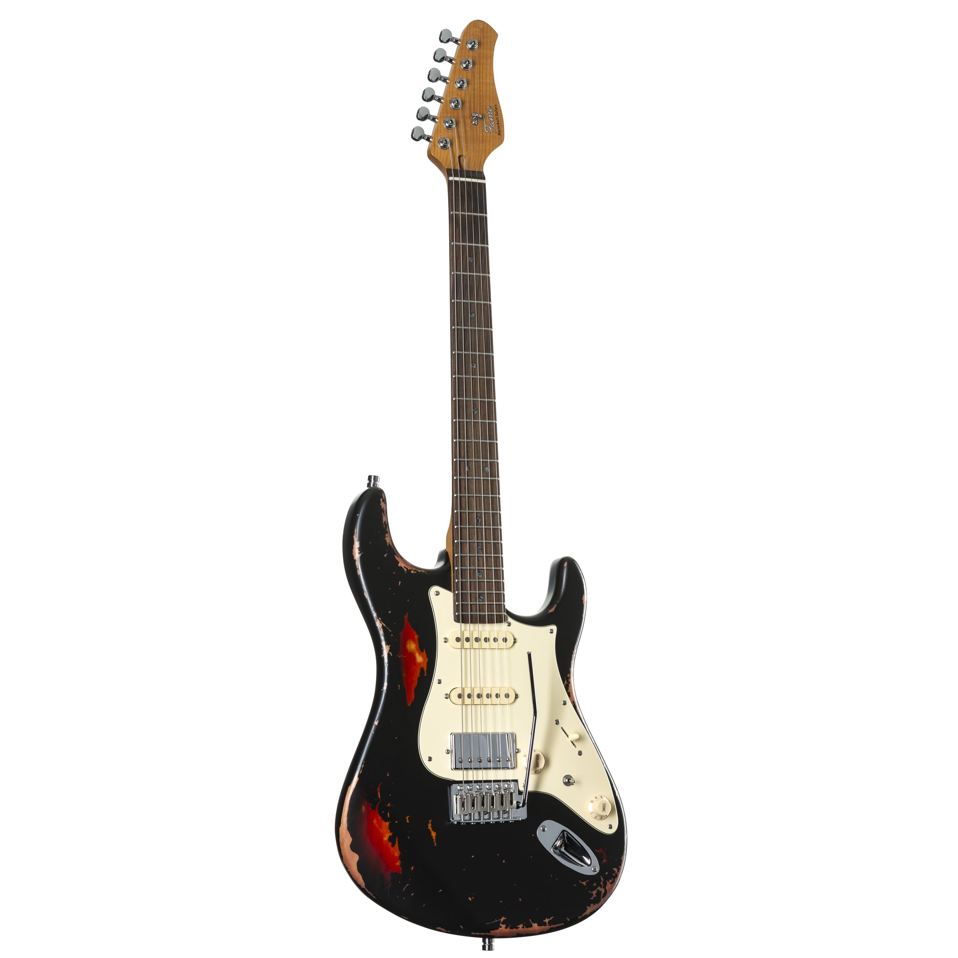 FAME E-Gitarre, E-Gitarren, ST-Modelle, Custom ST HSS RW Worn Licorice over Sunburst - E-Gitarre