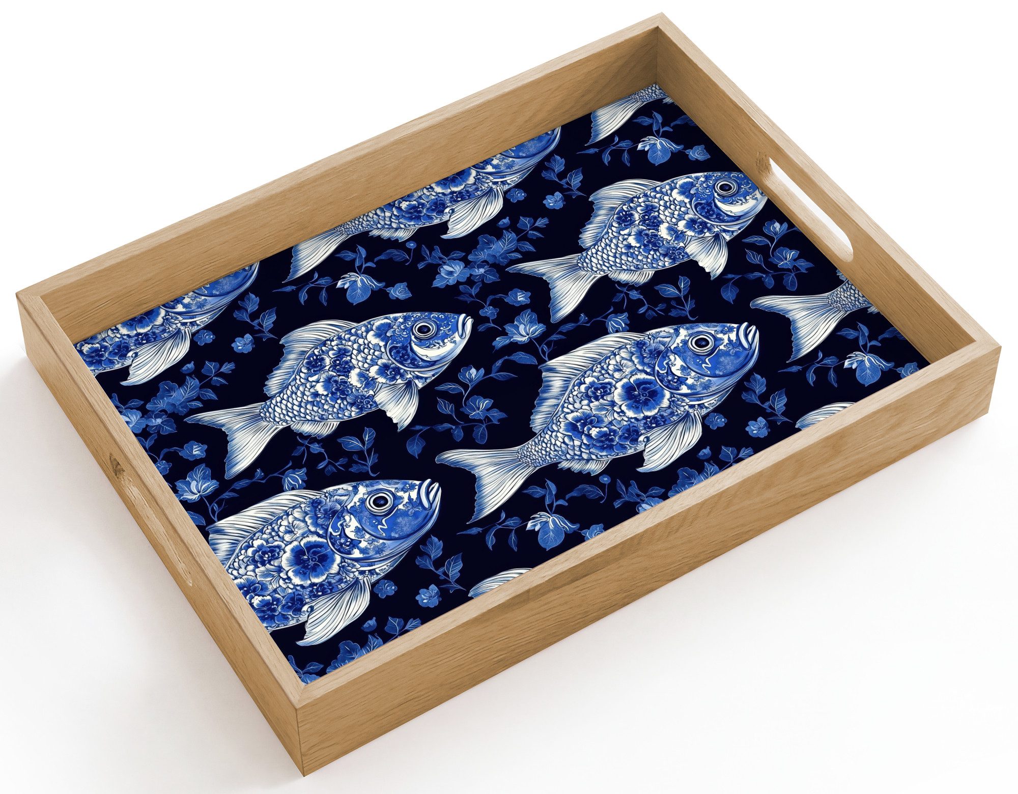 OnlyWow Tablett Rechteckig mit Henkel Fische - Blumen - Blau, Eichenholz, (1-tlg), Siervierplatte, Tray, Frühstücksbrett
