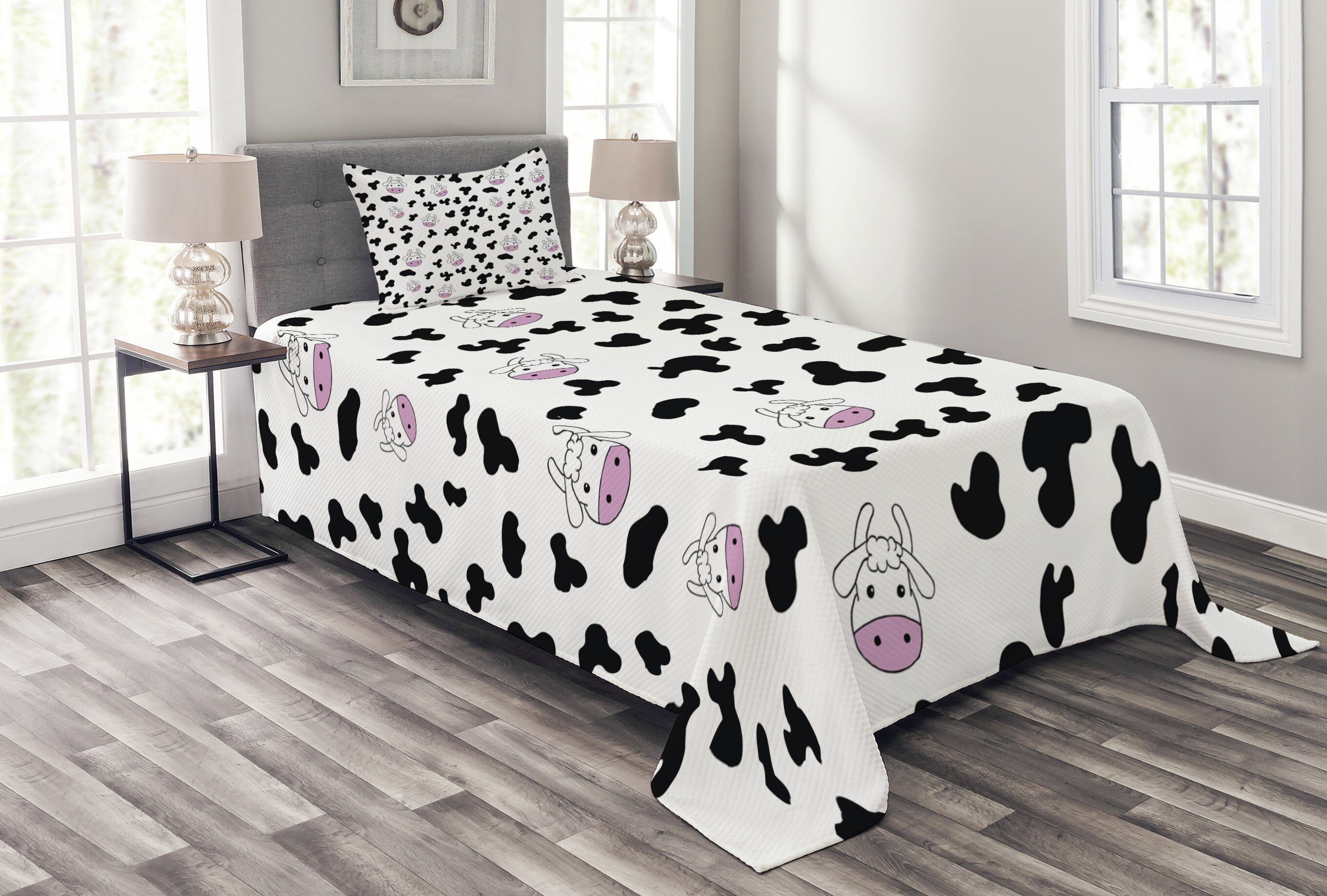 Tagesdecke Set mit Tierhaut Kissenbezügen Abakuhaus, Waschbar, Entwurf Kuh-Druck