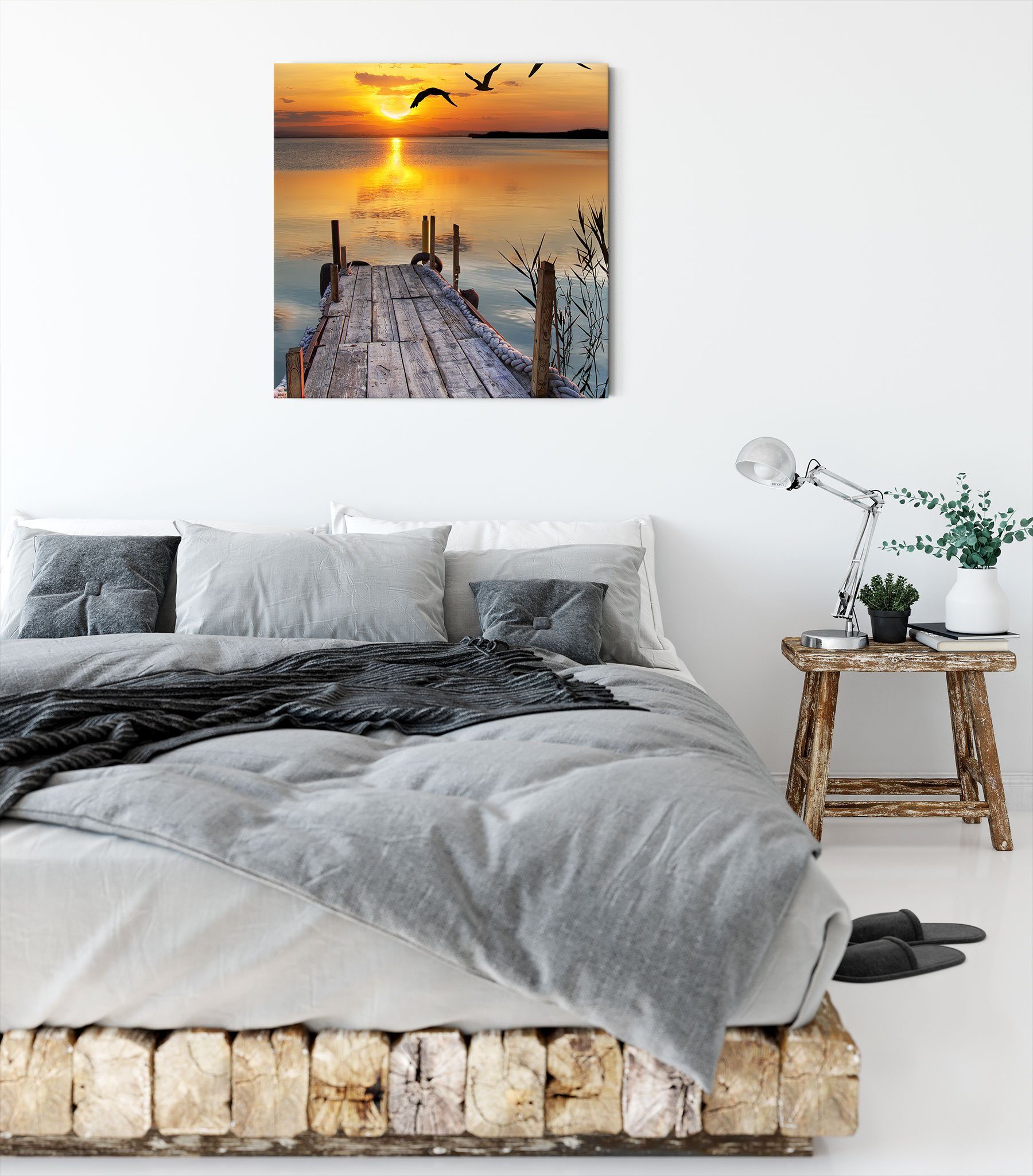 Pixxprint St), Leinwandbild Zackenaufhänger bei fertig bei Leinwandbild Steg Steg (1 Sonnenuntergang, inkl. Sonnenuntergang bespannt,