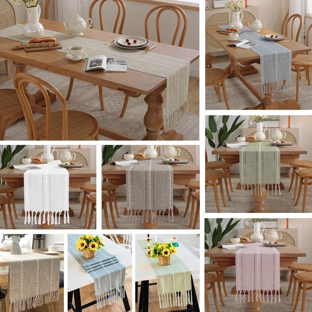 Blusmart Tischläufer Klassische Tischfahne im nordischen Stil (Tischdecke mit Quasten im Boho-Landhausstil 1-tlg, Handgefertigte Quasten, waschbar), Geeignet al – Bild 2 von 5
