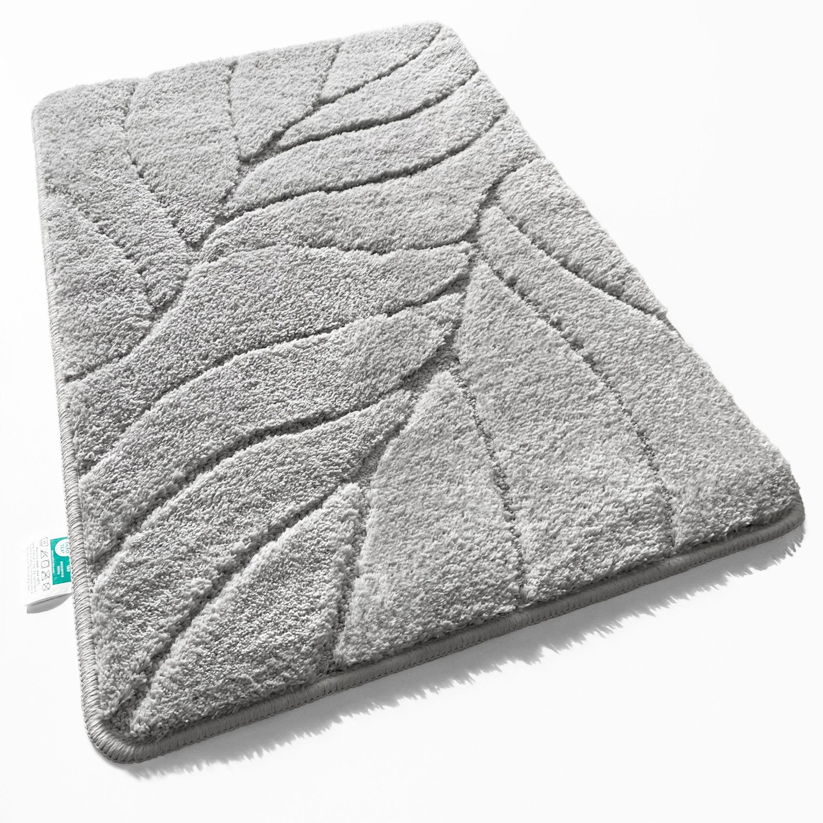 Floordirekt Badematte Maris – Flauschiger Badteppich, Blattstruktur, rutschfest & waschbar, rutschhemmend beschichtet, schnell trocknend, fußbodenheizungsgeeignet, Polyester, für Fußbodenheizung geeignet, dichter Flor, 40x60 cm, Silber