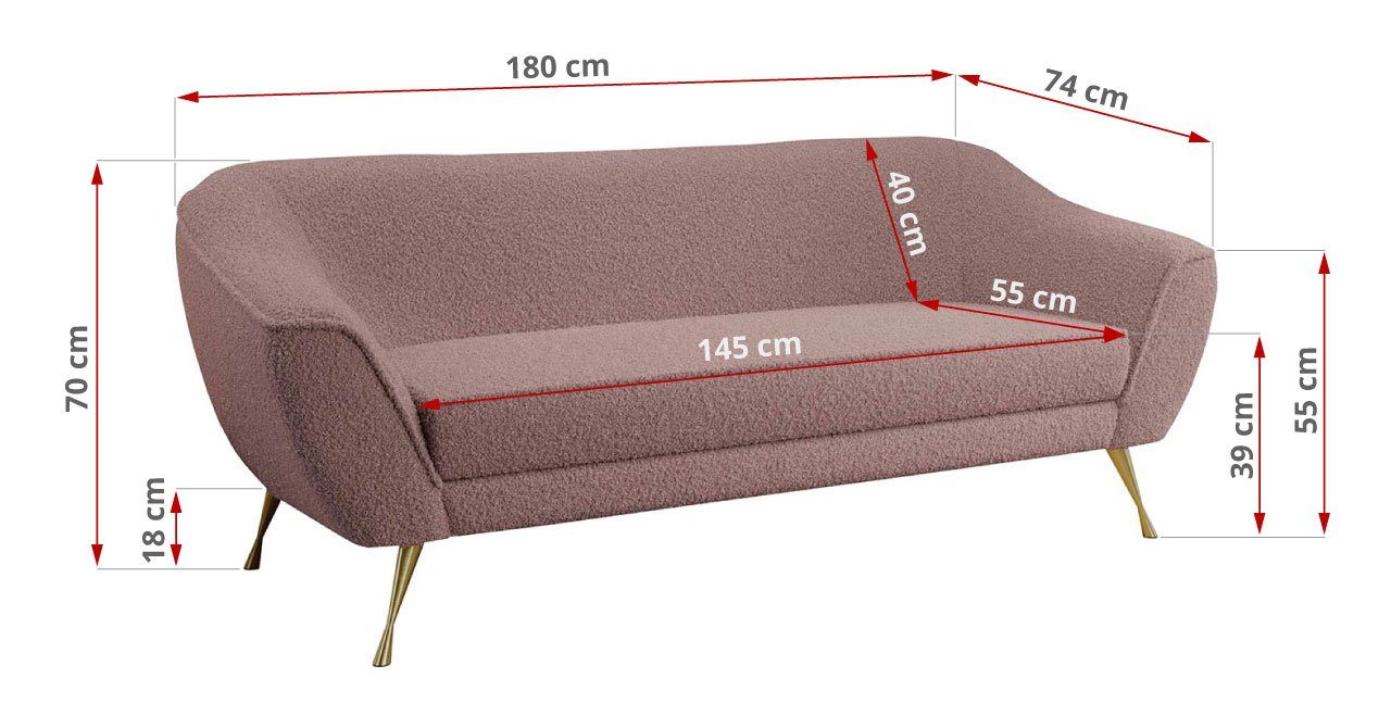 MKS MÖBEL Sofa BUKLI Armlehnen, Rosa Federsitz, Metalbeine breite 03