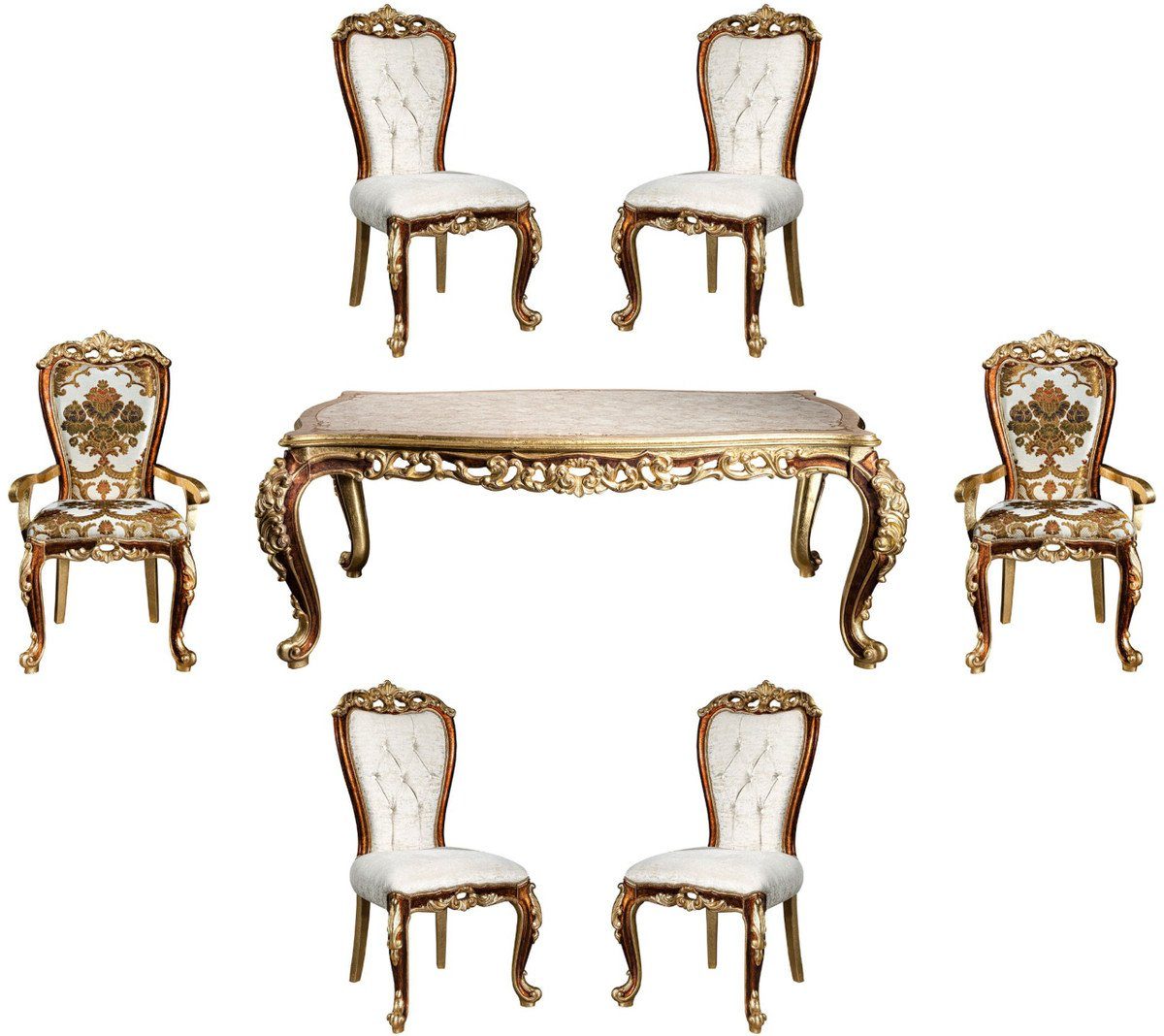 Casa Padrino Esszimmer-Set Luxus Barock Esszimmer Set Weiß / Gold / Braun / Gold - 1 Esszimmertisch & 6 Esszimmerstühle - Edle Esszimmer Möbel im Barockstil - Edel & Prunkvoll