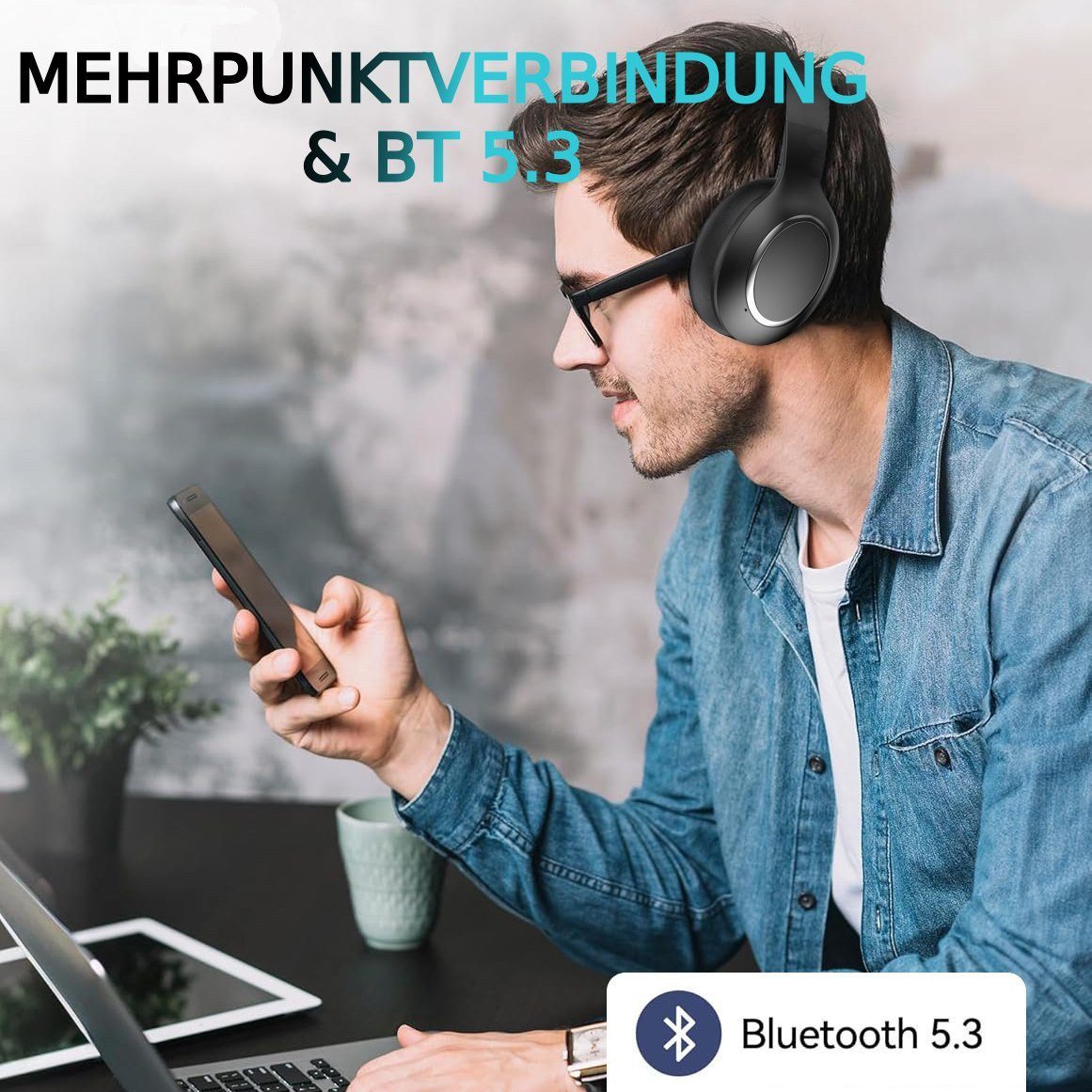 Forrlite Over-Ear-Kopfhörer, Noise Cancelling Kopfhörer Over-Ear-Kopfhörer (Active Noise Cancelling (ANC), Bluetooth 5.3, Doppelgeräte-Verbindung,HiFi-Stereo-Klangqualität)