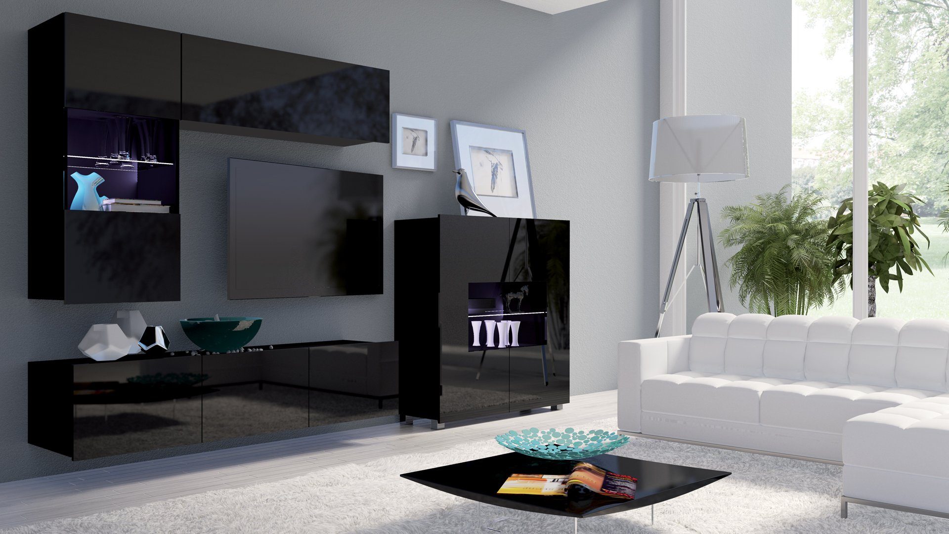 Stylefy Wohnwand Design, mit (Set variabel Hochglanz hängbar Bietula, 4-teilig, Wohnzimmer-Set), Schwarz Modern LED-Beleuchtung, (4-St), wahlweise
