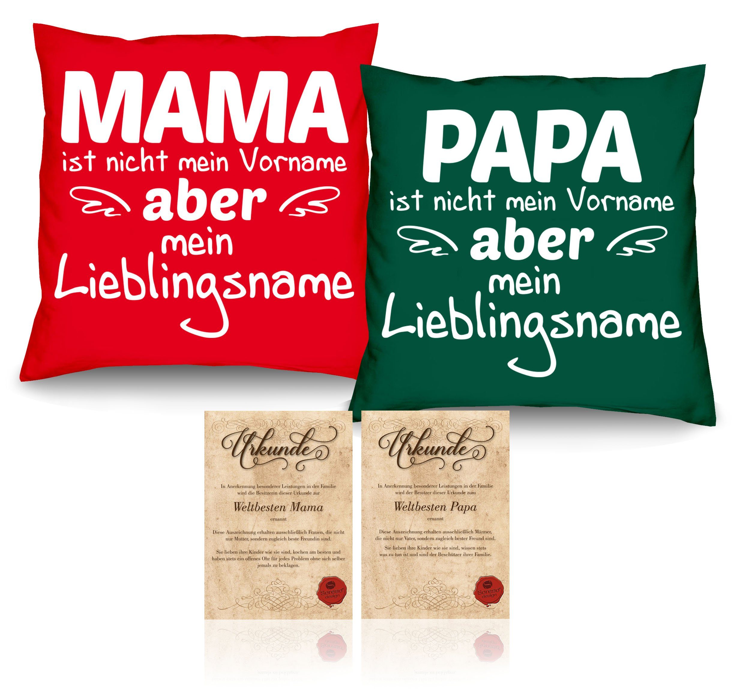 dunkelgrün Papa Soreso® Geschenke Kissen-Set Weihnachten Eltern Dekokissen mit Lieblingsname Urkunden, Mama Idee Lieblingsname