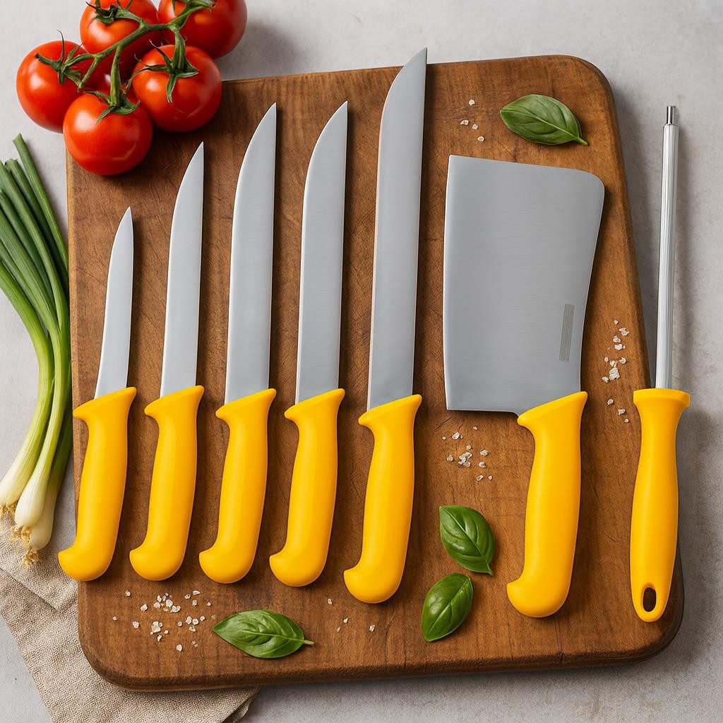 HOOZ Messer-Set Fleischermesser Set 7-teilig mit Hackbeil & Wetzstahl aus Edelstahl (7-tlg), 7-teiliges Fleischermesser Set mit Wetzstahl und Hackbeil