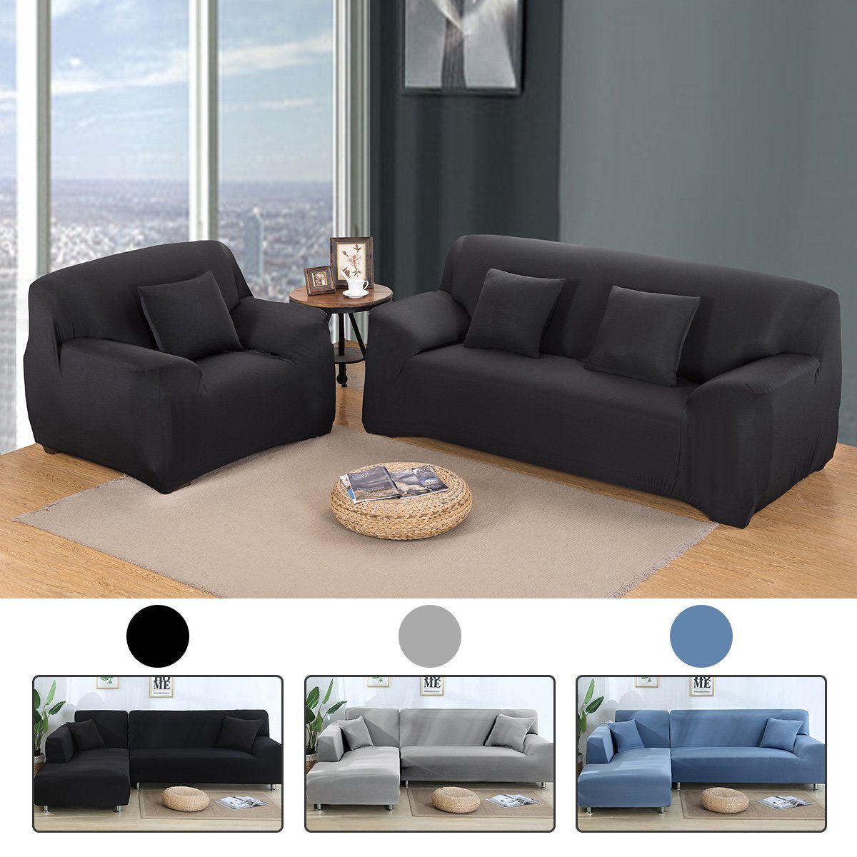 Sofahusse Sofabezug Sofa Überwürfe Stretch Waschbar Universal, MULISOFT, Couchbezug für Wohnzimmer Protector für Hunde Haustiere schwarz