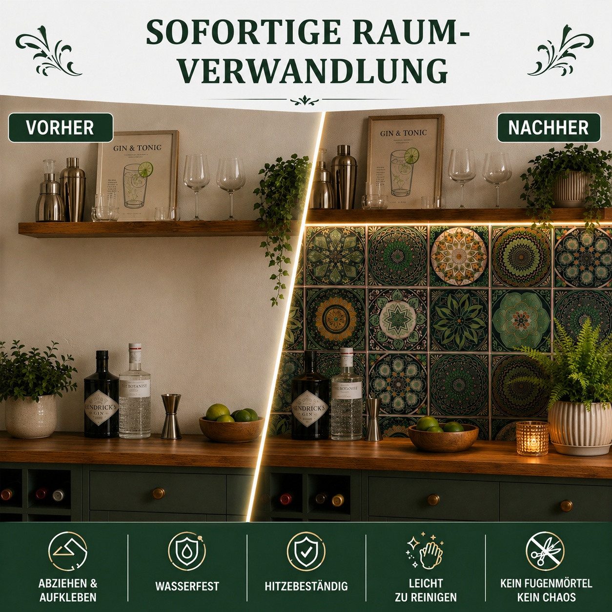 BlingBin Fliesenaufkleber 24 St Küchenfliesen Selbstklebend Marokkanischer Stil PVC Wasserdicht (24 Stück, 24 St., 15x15cm), ölabweisend für Küche,Schrank,Möbel – Bild 3 von 5