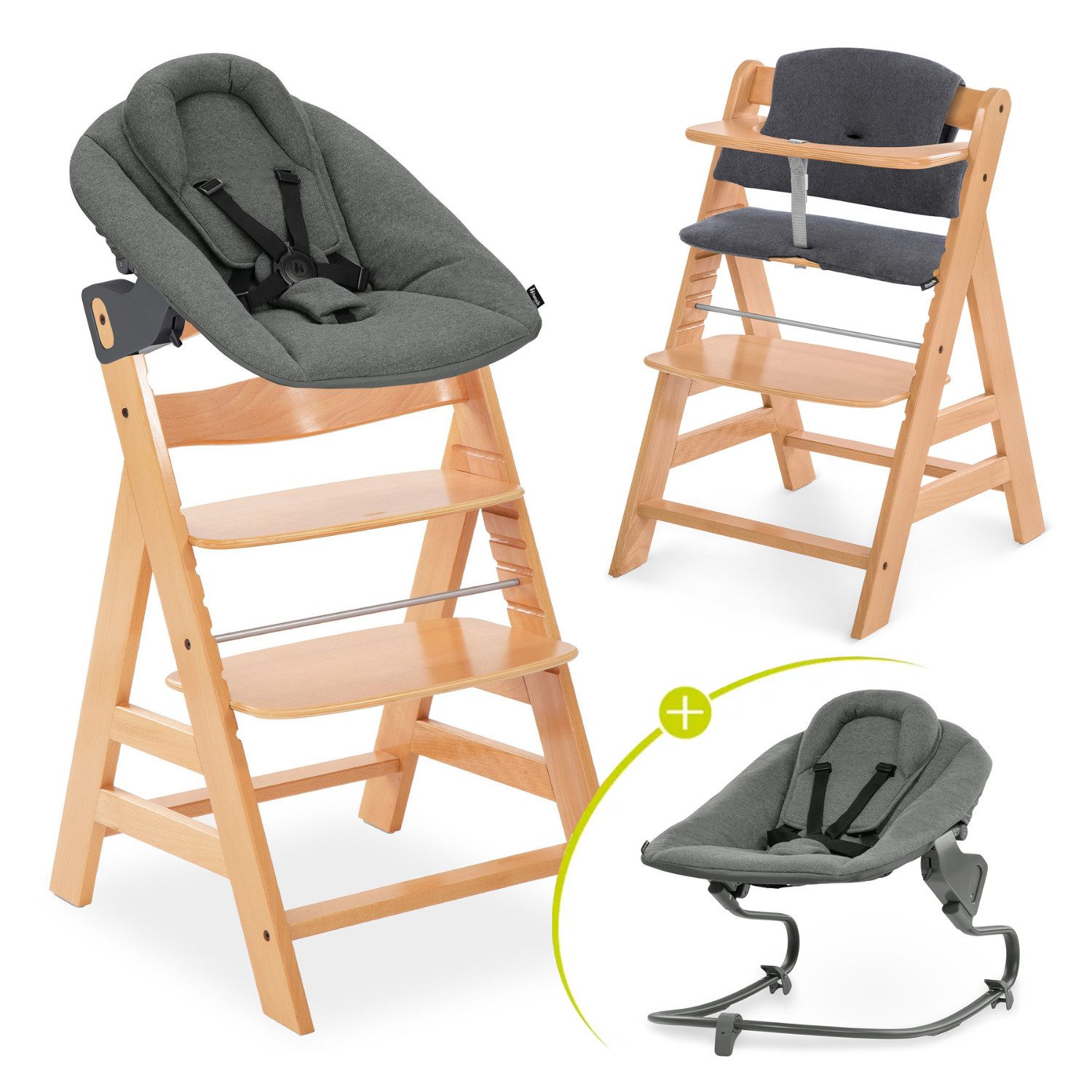 Hauck Hochstuhl Alpha Plus Newborn Set Premium, Holz Babyhochstuhl ab Geburt inkl. Neugeborenenaufsatz & Sitzpolster