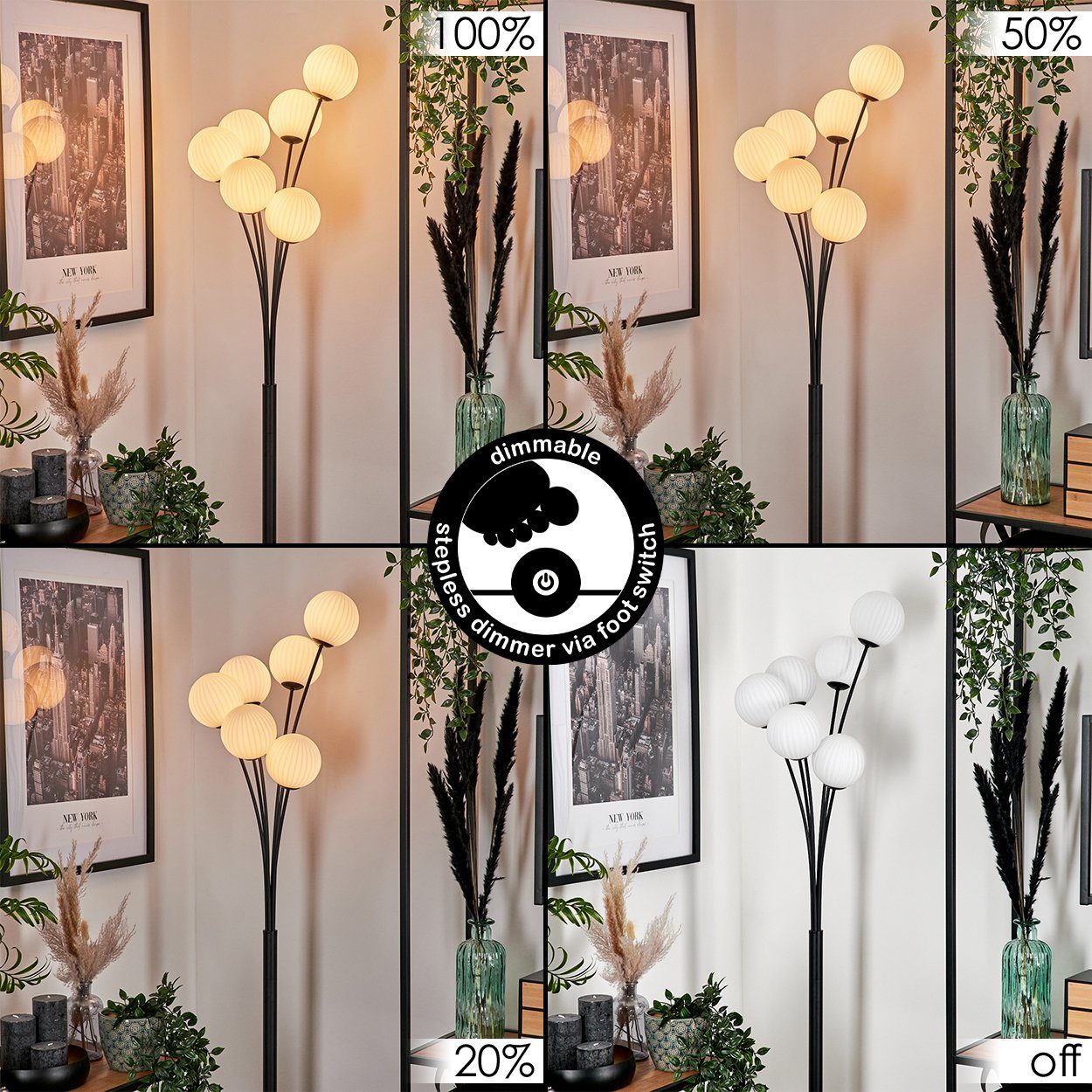 hofstein Stehlampe Stehlampe aus Metall/Riffelglas in Schwarz/Weiß, ohne Leuchtmittel, Leuchte mit Glasschirmen (12cm), dimmbar, 6xG9, ohne Leuchtmittel