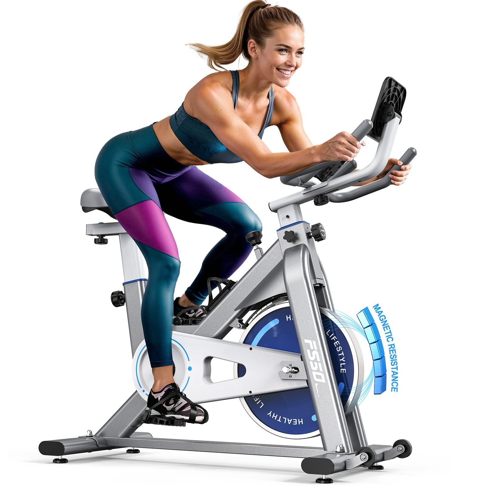 VOWVIT Heimtrainer mit 300 W Widerstandsmoment, 4-Fach Voll verstellbarem Ergometer (1-tlg), mit RPM ANZEIGE, Große Tablet-Halter, 150 KG Belastbar