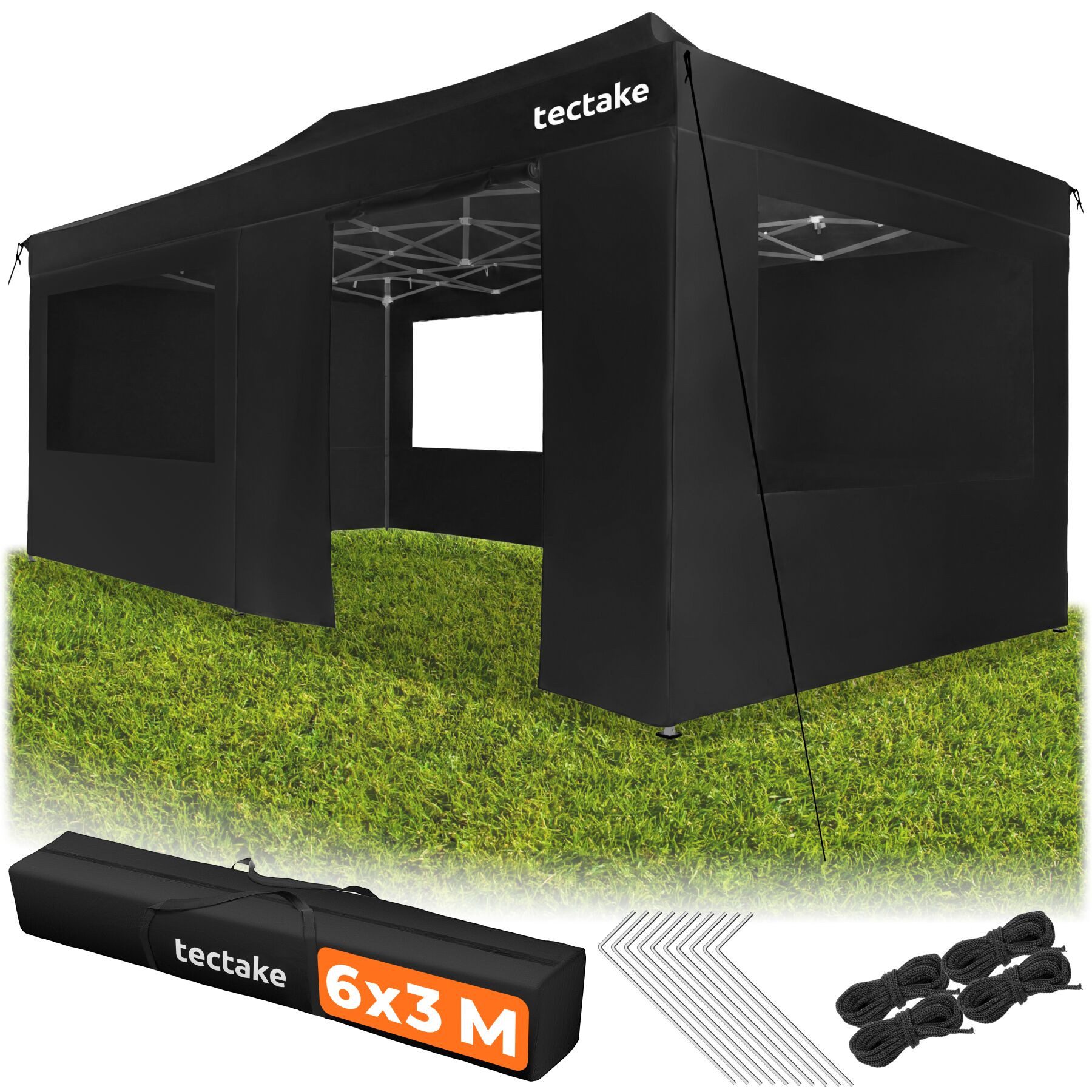 tectake Pavillon Aluminium Faltpavillon, 6 x 3 m, wasserdicht, mit Tragetasche, mit 6 Seitenteilen, (Partyzelt Viola, in schwarz), 6 Seitenteile, mit Reißverschlusszugang und 3 Fenstern, mit UV-Schutz