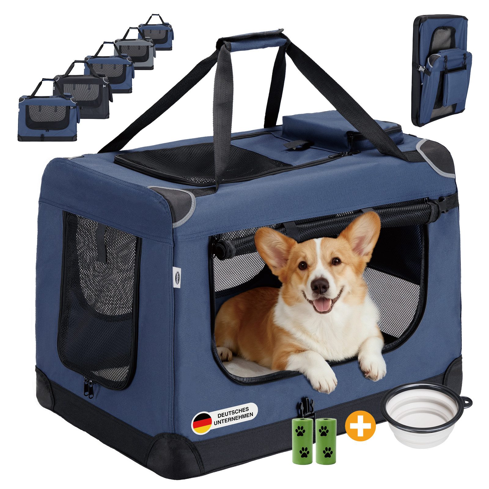 Zedelmaier Tiertransporttasche Transportbox, Faltbar Hundetransportbox, Katzenbox, Inkl.2 Rollen Hundekotbeutel, 1 faltbarer Napf, 2 praktische Beutel
