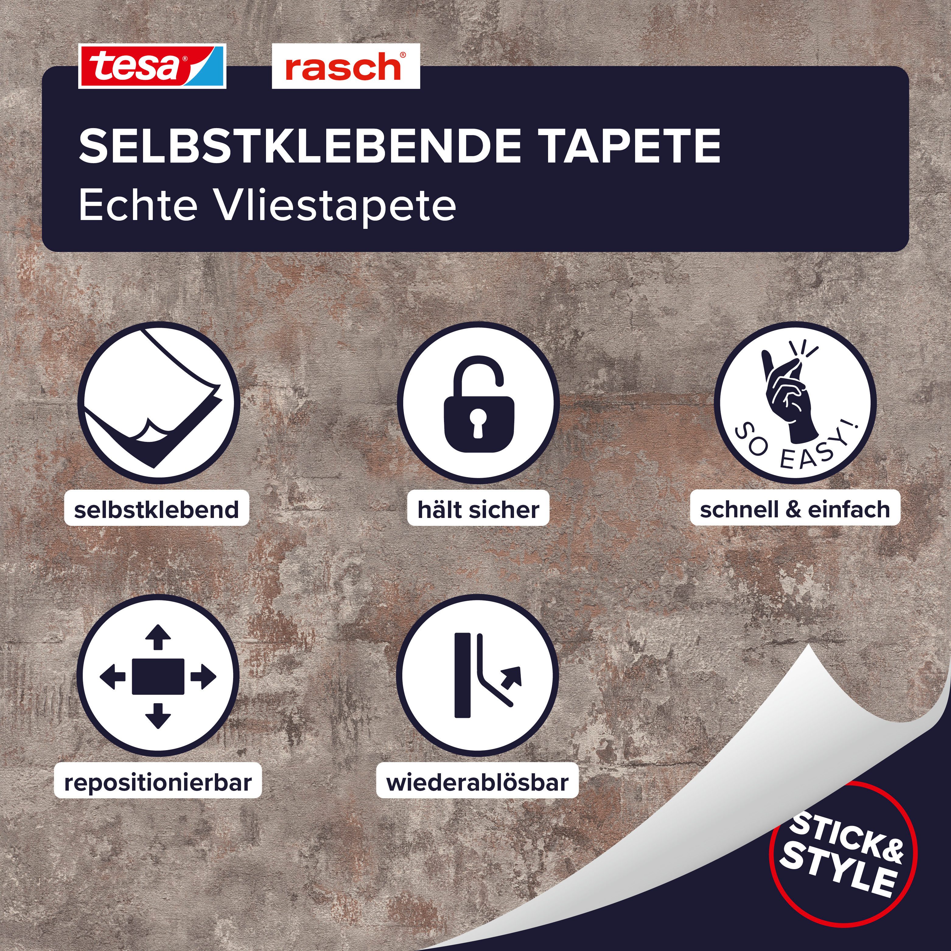 Rasch Vliestapete Atlas - Selbstklebende Tapete Betonoptik von tesa® x rasch®, strukturiert, Beton, Industrial, used, urban, (1 St), selbstklebend, 6,00m x 0,53m
