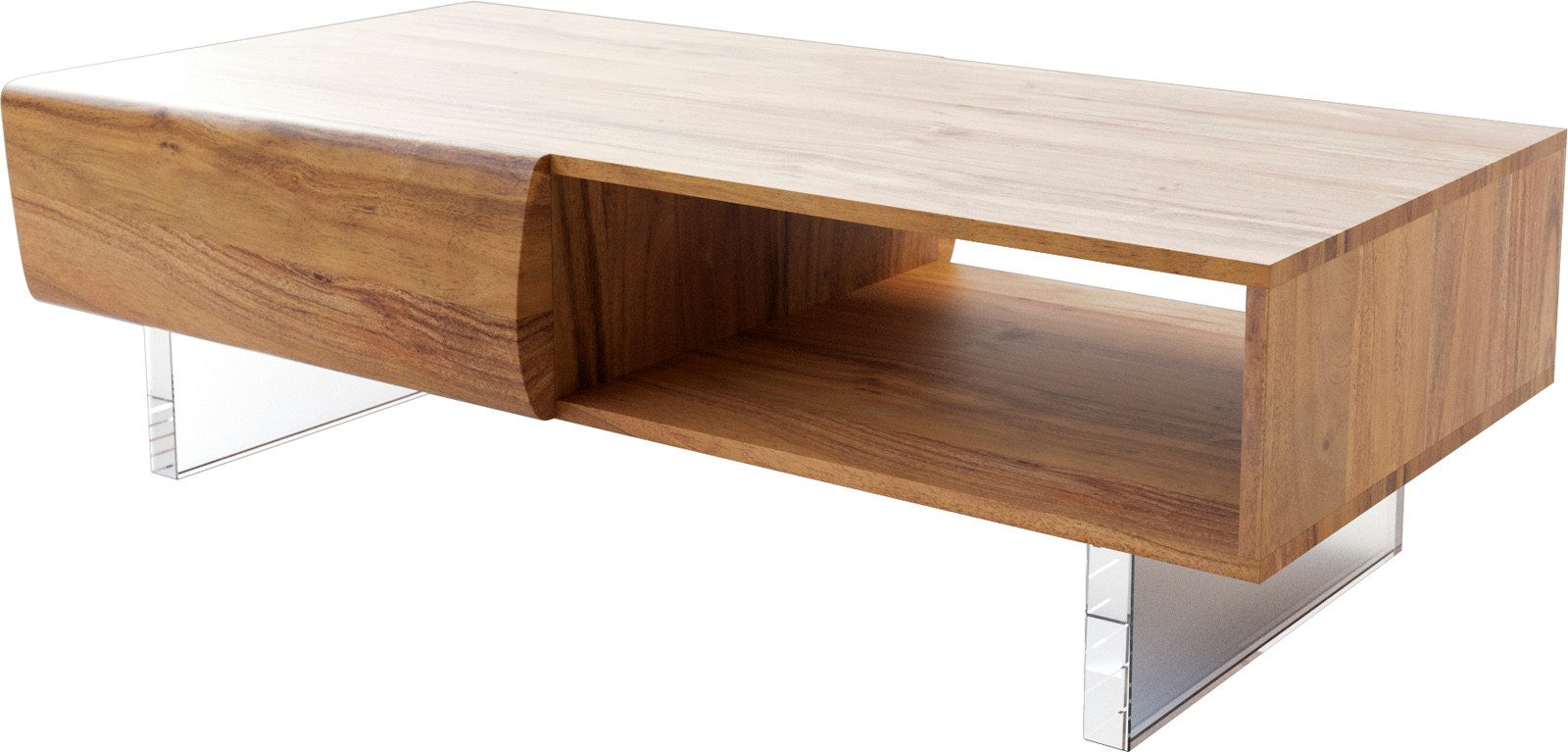 DELIFE Couchtisch New, Live-Edge Akazie Natur 115x60 cm 2 Schubladen 1 Fach Acrylfuß Couchtis