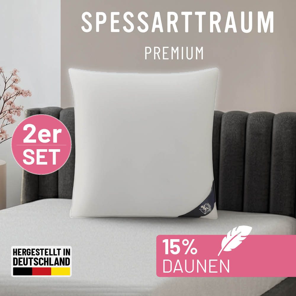 SPESSARTTRAUM Gänsefederkopfkissen Premium, Kopfkissen 1-tlg. oder 2-tlg. 40x80 oder 80x80 cm, Füllung: 85% Gänsefedern / 15% Gänsedaunen, Klasse 1, Downpass zertifiziert, Bezug: 100% Baumwolle, Made in Green, Hausstauballergiker geeignet, hergestellt in Deutschland, allergikerfreundlich, im Set günstiger