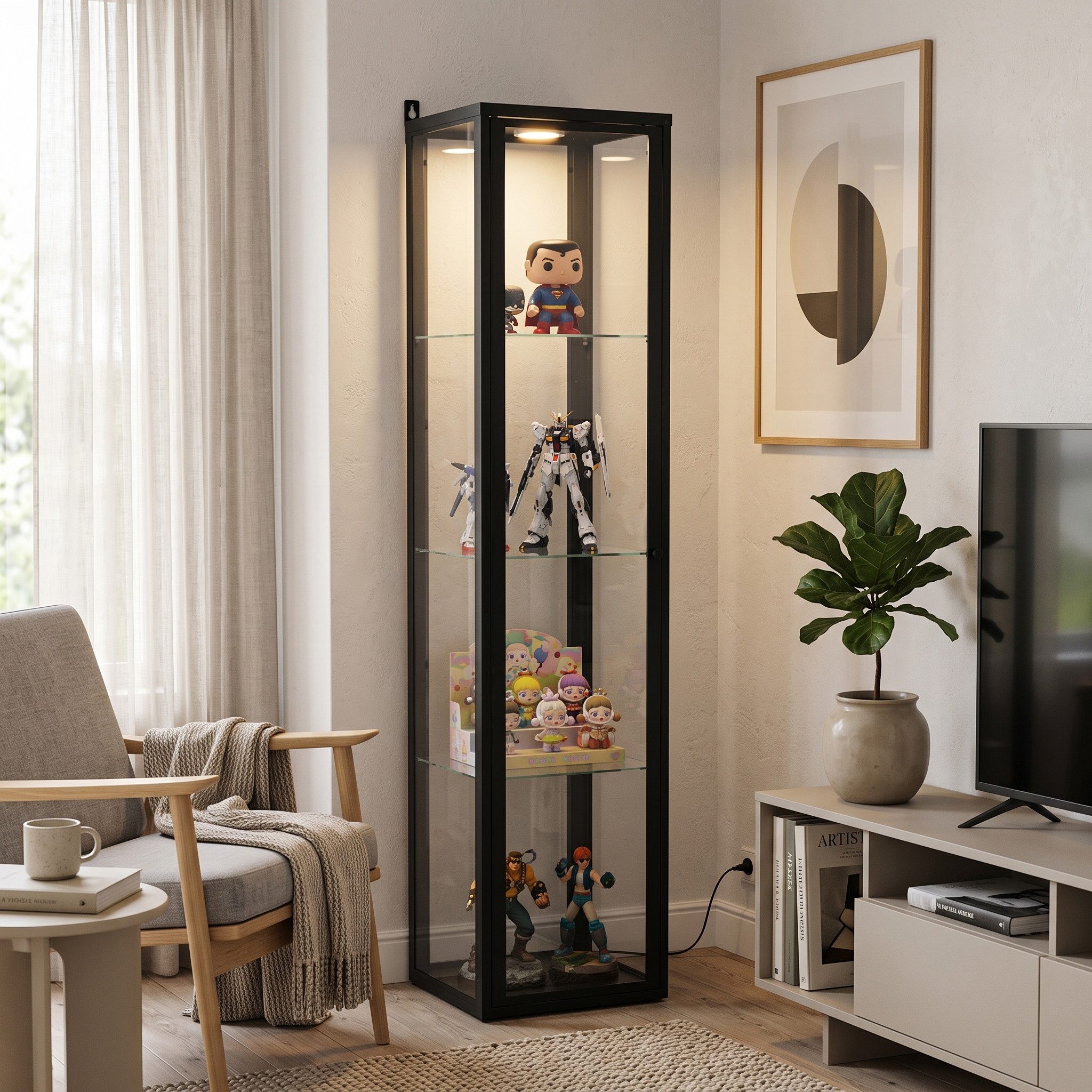 FUFU&GAGA Glasvitrine 150cm Sammlervitrine Schwarz mit LED-Beleuchtung, 4 Ebenen