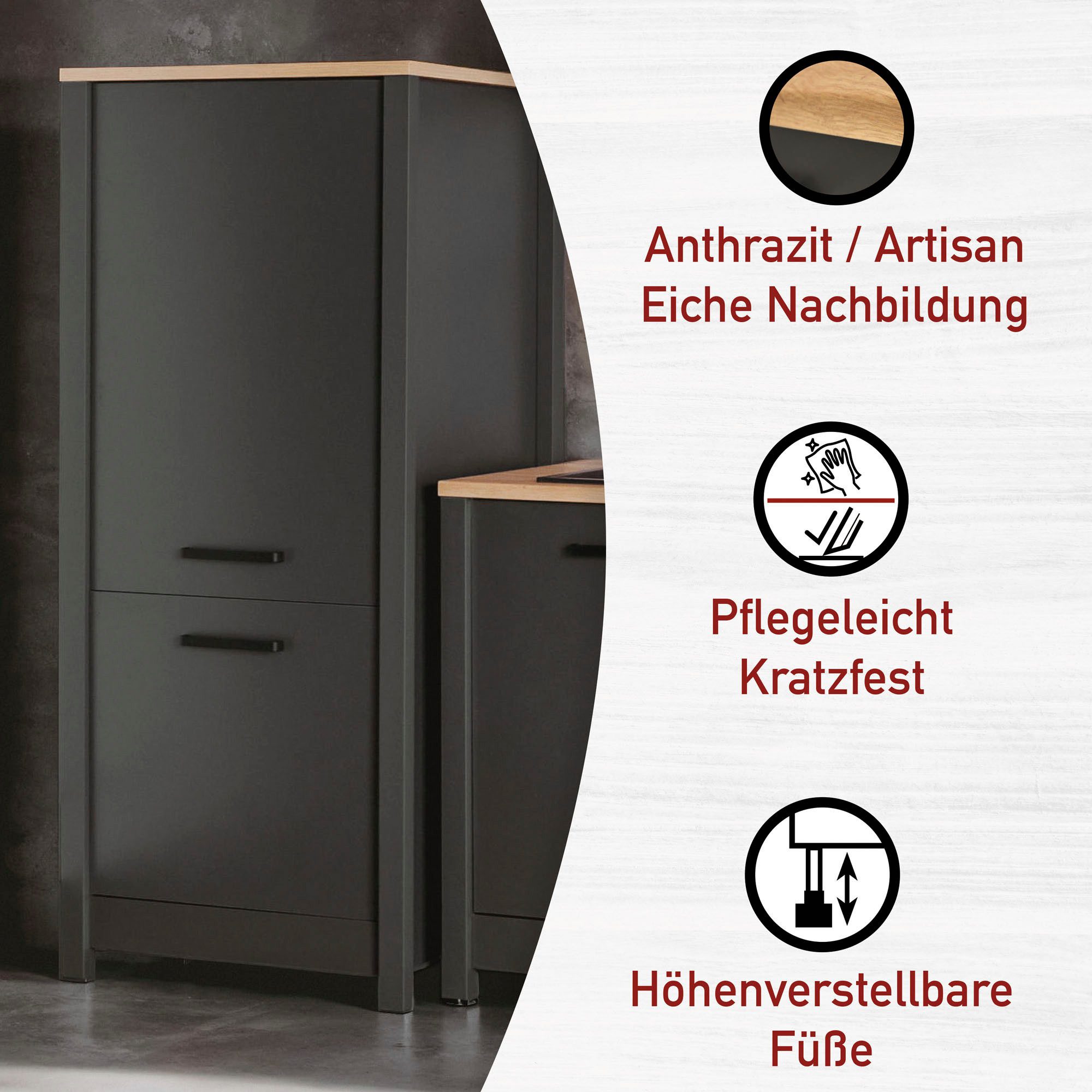Inter Link Kühlumbauschrank Pienza, Küchenschrank, Kühl. -und Gefrierschrank, Türanschlag flexibel (1-St) Für Kühl-Gefrier-Kombi, Soft-Close, Füße höhenverstellbar, 70x60x167