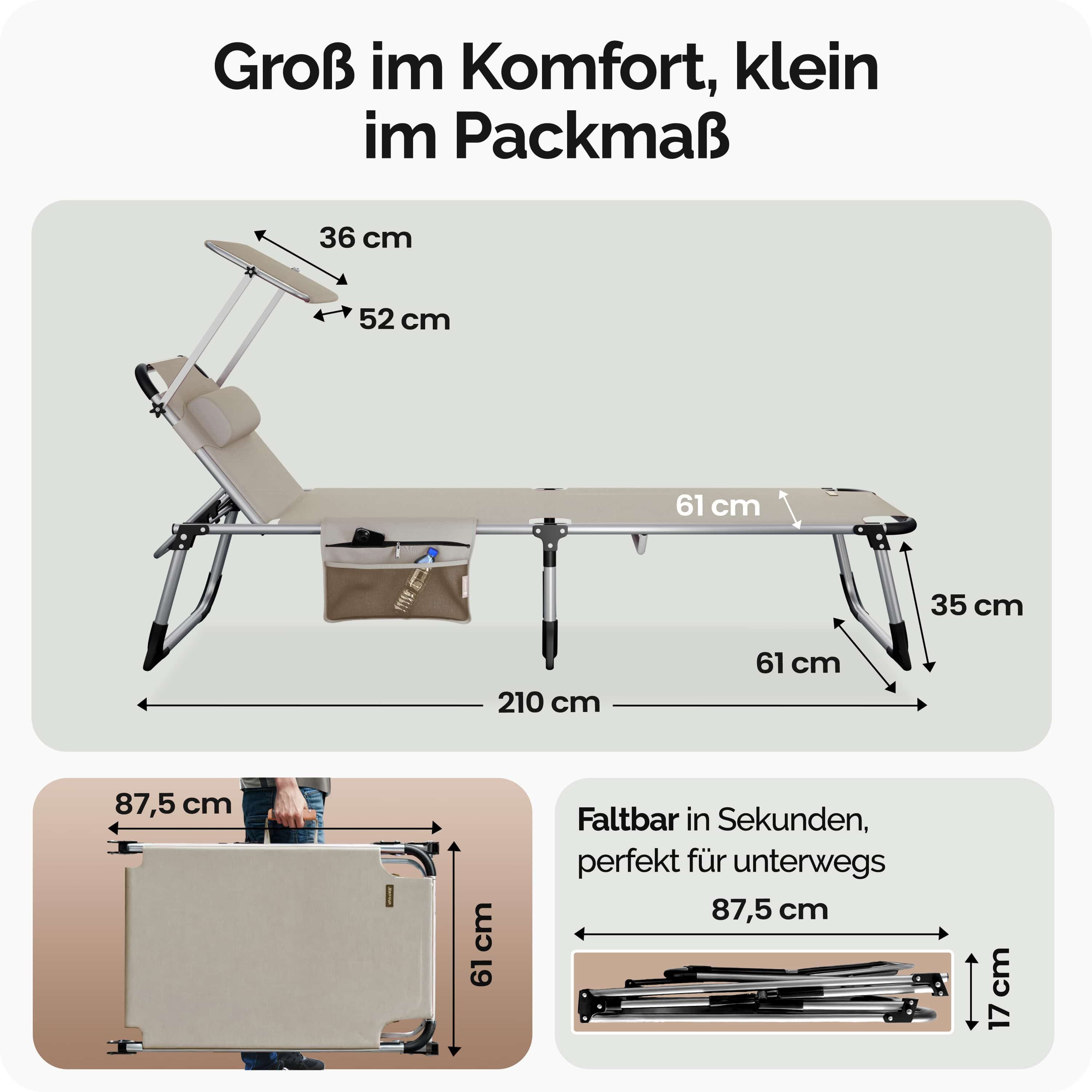 Casaria Gartenliege Malta, Alu Sonnenliege Klappbar mit Dach Liegestuhl Strand Wetterfest Creme