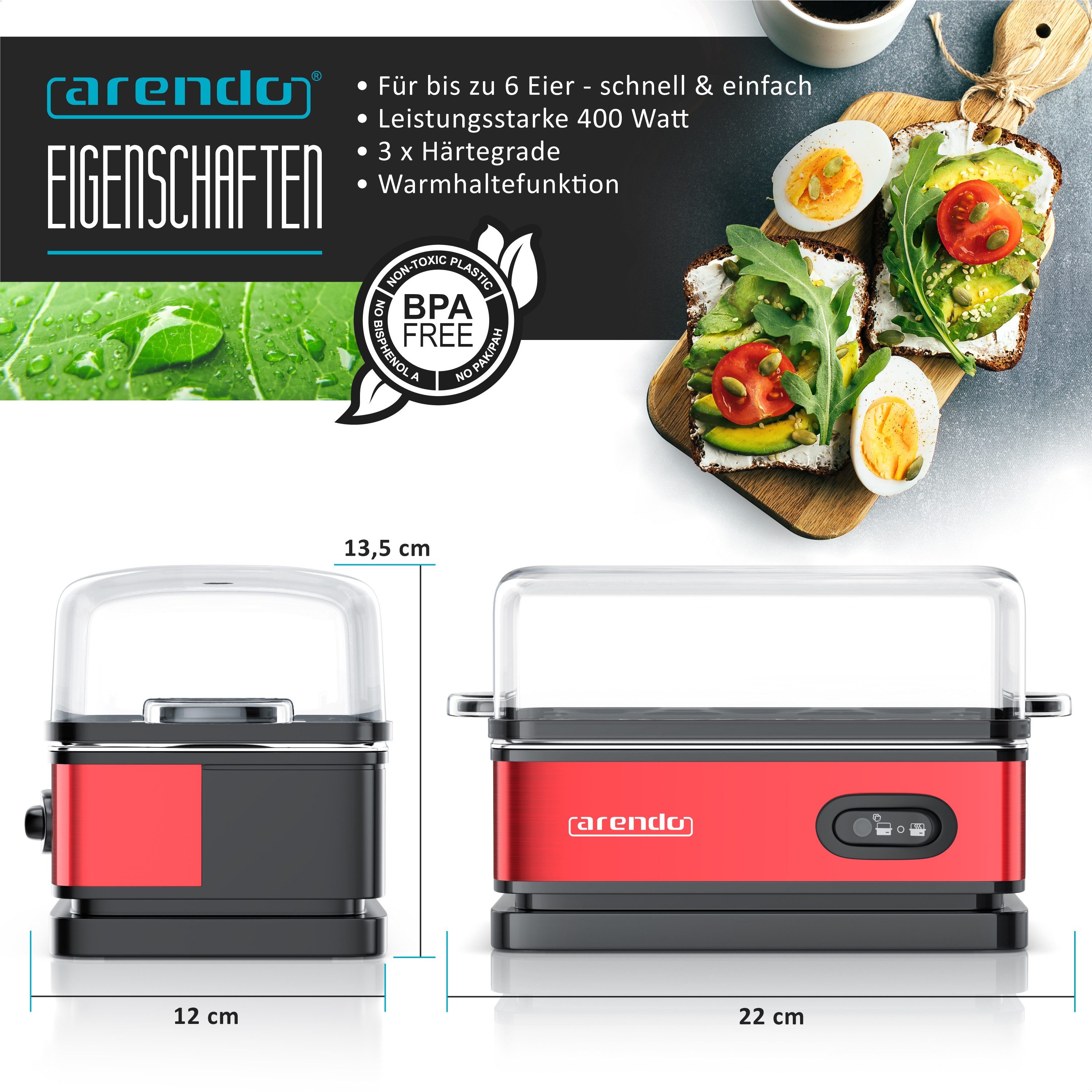 Arendo Eierkocher 6-fach, Edelstahl, mit Warmhaltefunktion, frei wählbarer Härtegrad, Anzahl Eier: 6 St., 400 W, Kipp-Funktionsschalter mit Indikationsleuchte, für bis zu 6 Eier