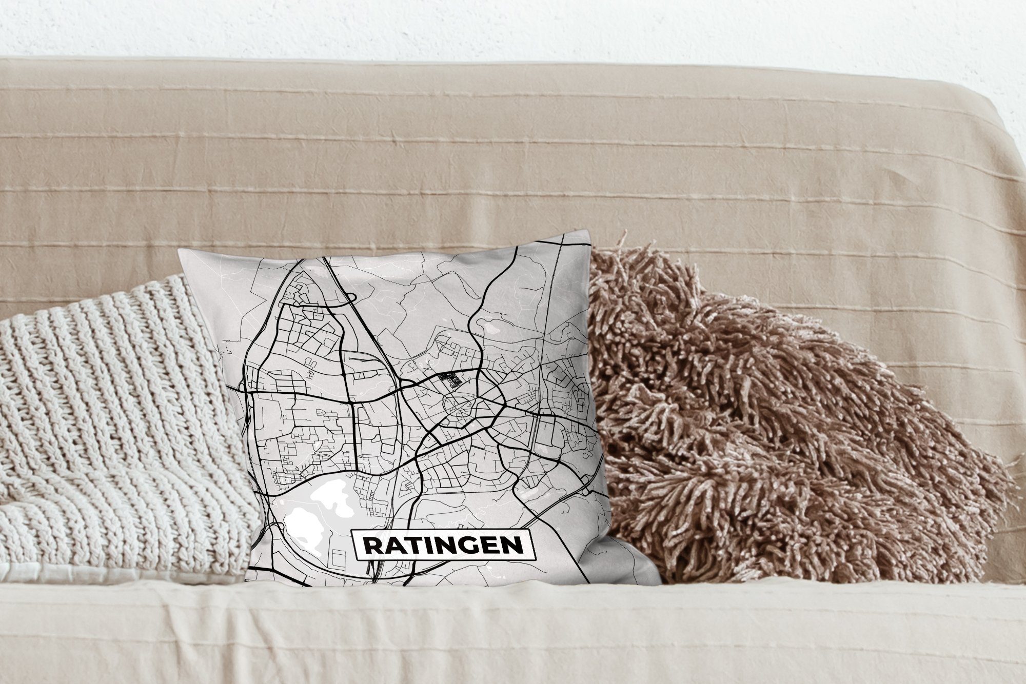 Karte Karte, - Sofakissen Zierkissen - Ratingen Deutschland mit Deko, für MuchoWow Dekokissen Füllung Schlafzimmer, - Wohzimmer,