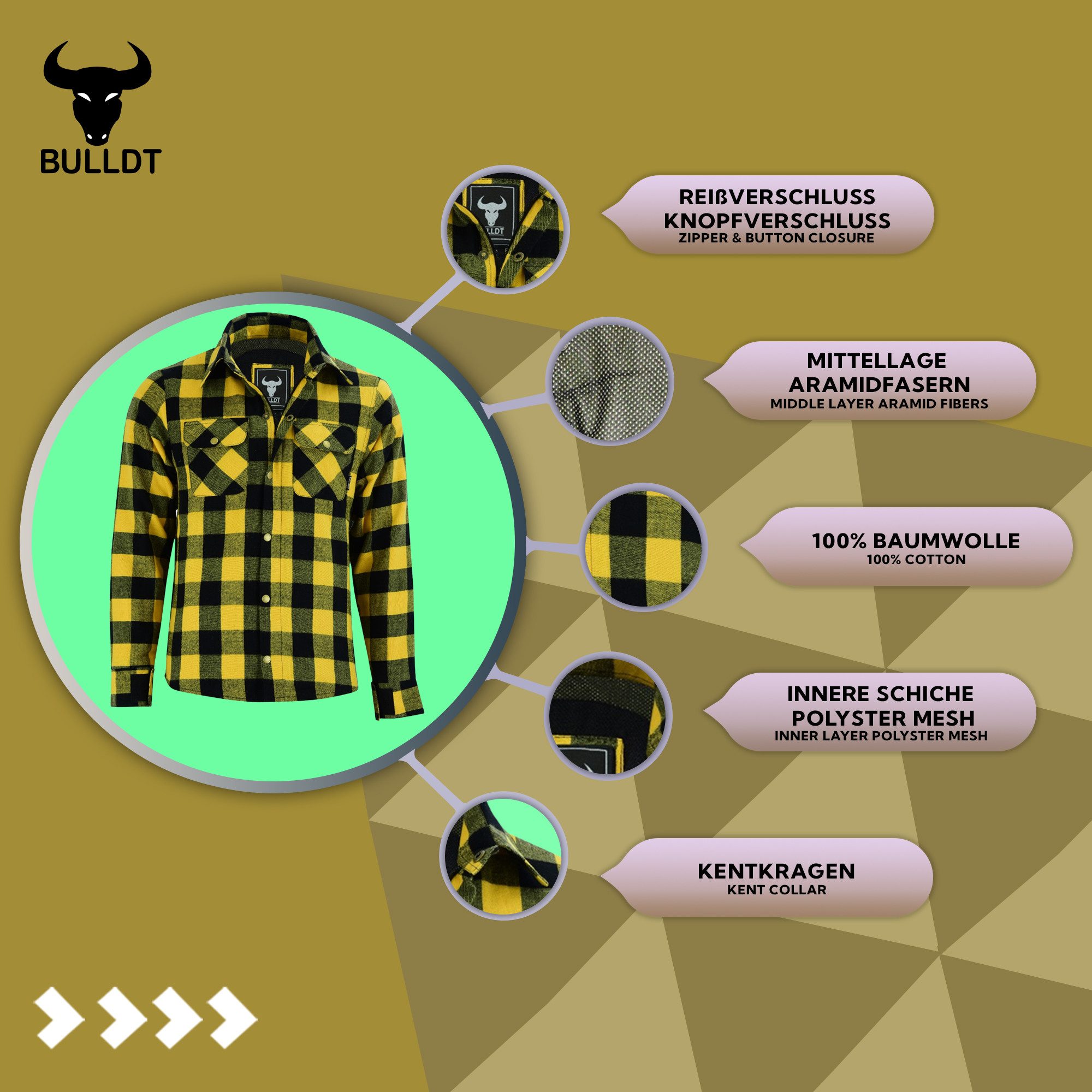 BULLDT Motorradjacke BLD1201 (mit 4 CE-Protektoren) BULLDT Herren Motorradhemd Holzfäller-Look Hemd