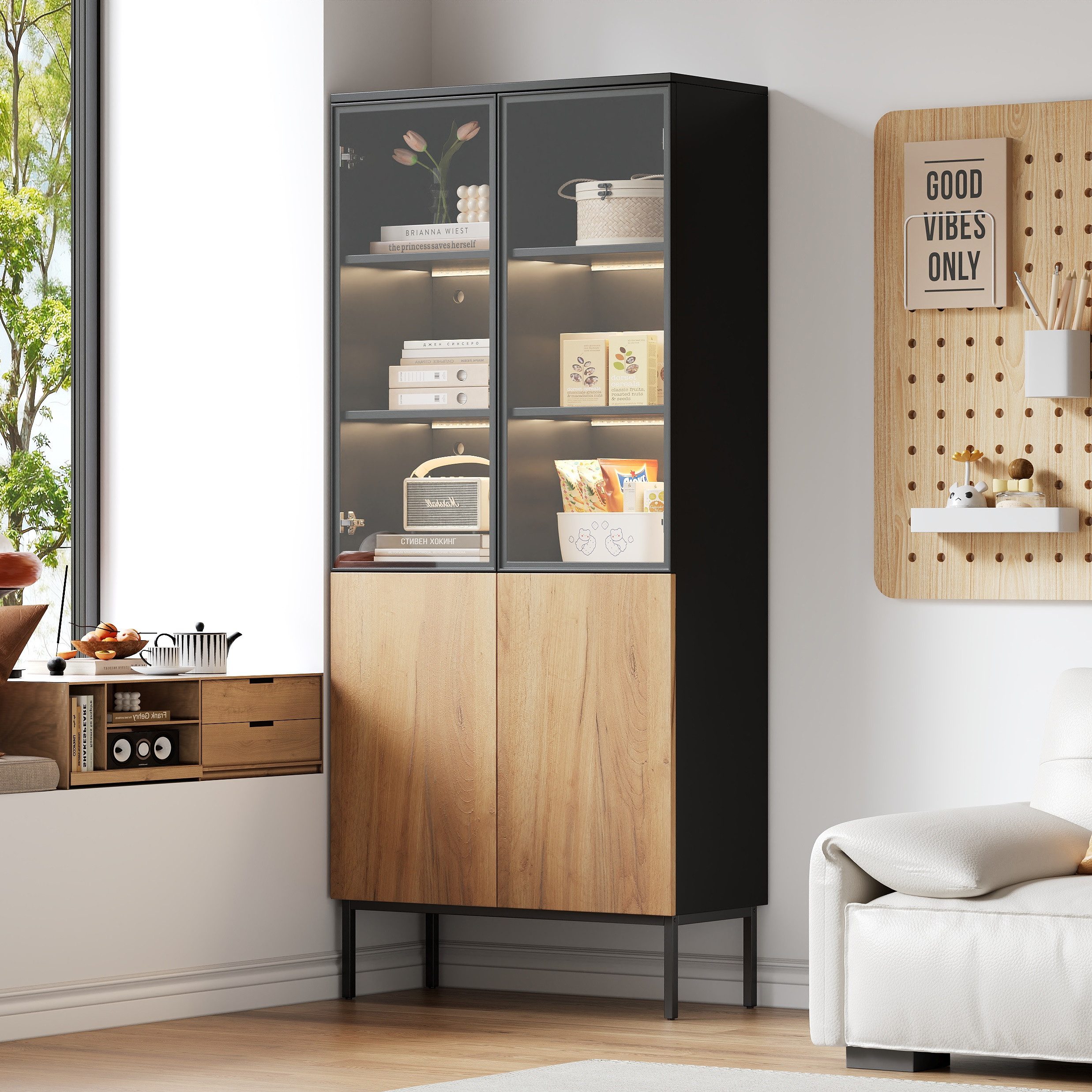 MODFU Vitrine LED-Vitrine, Pop-Up-Glastüren (Hochschrank, Standvitrine, Highboard, 1-St., 5-stöckige) mit LED-Leuchten