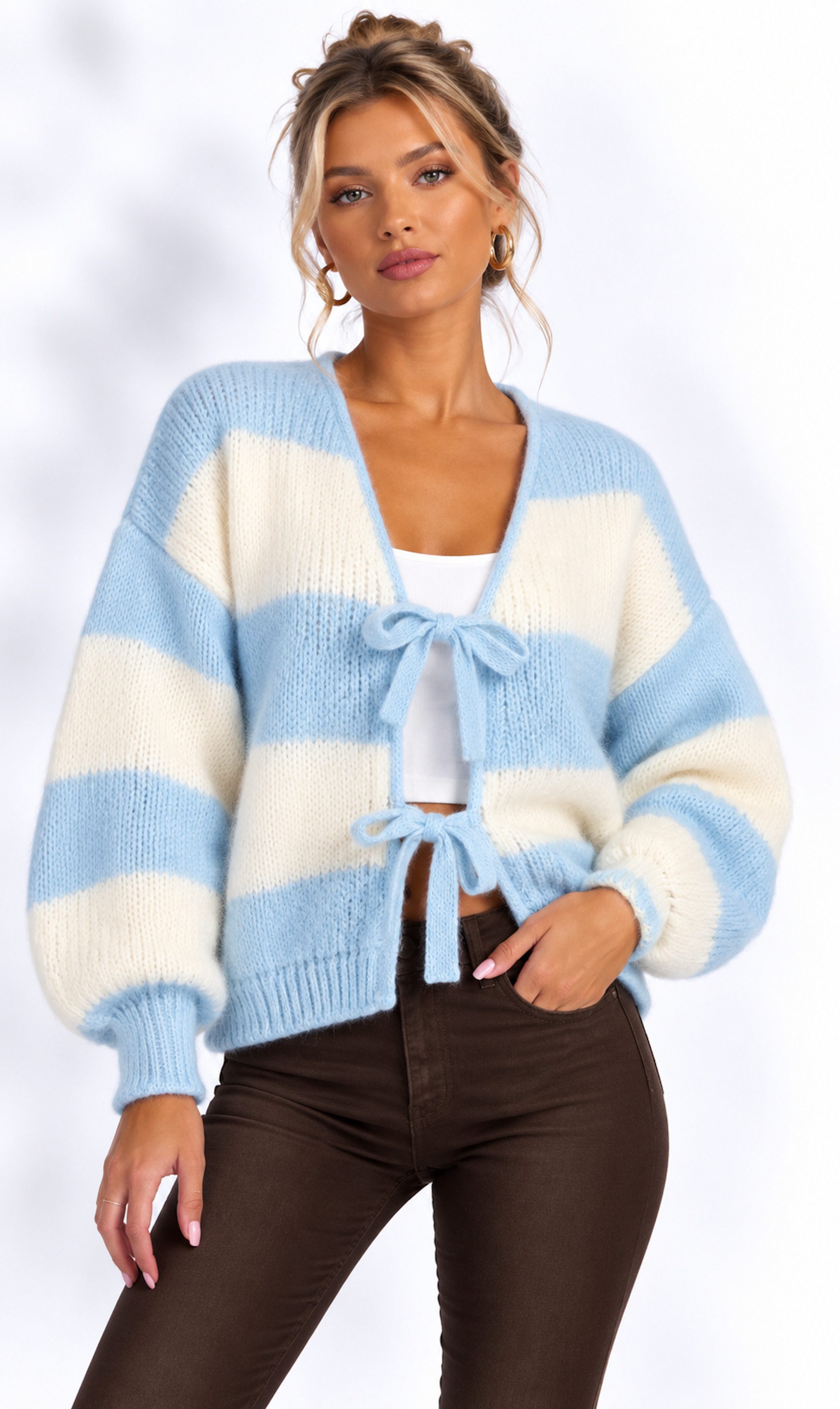 Worldclassca Cardigan WORLDCLASSCA Damen Cardigan Oversize Strickjacke mit Schleife Streifen Neue Kollektion - Stilvolle und gemütliche Strickmode für Damen