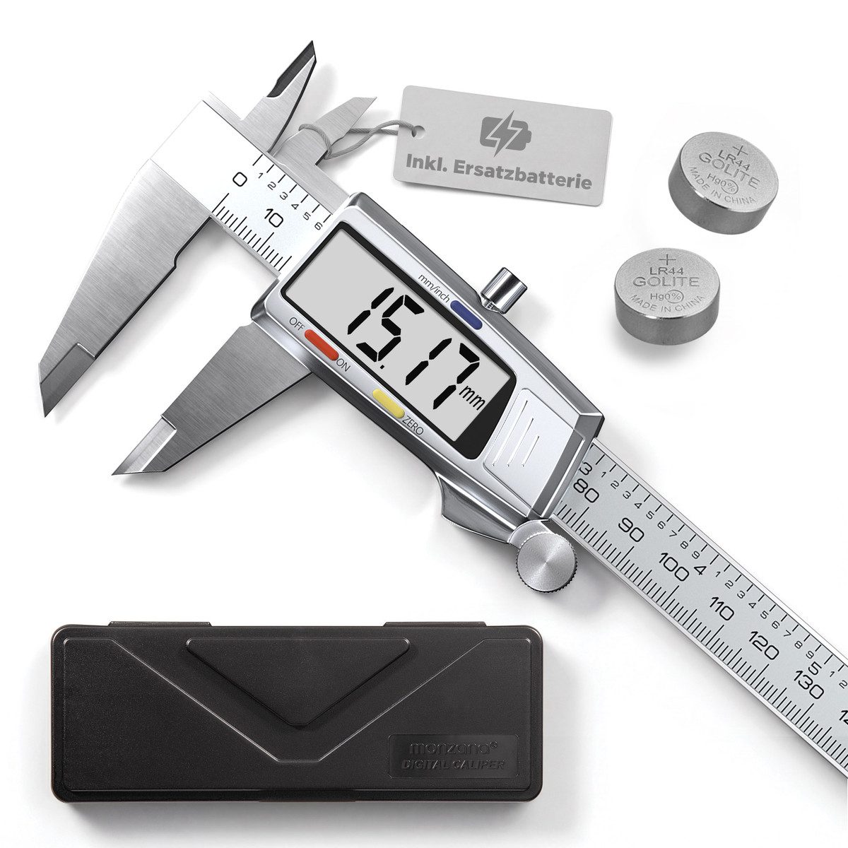 monzana Messschieber, 4-St., Digital Edelstahl 150mm mit LCD Display Box Ersatzbatterie Messlehre