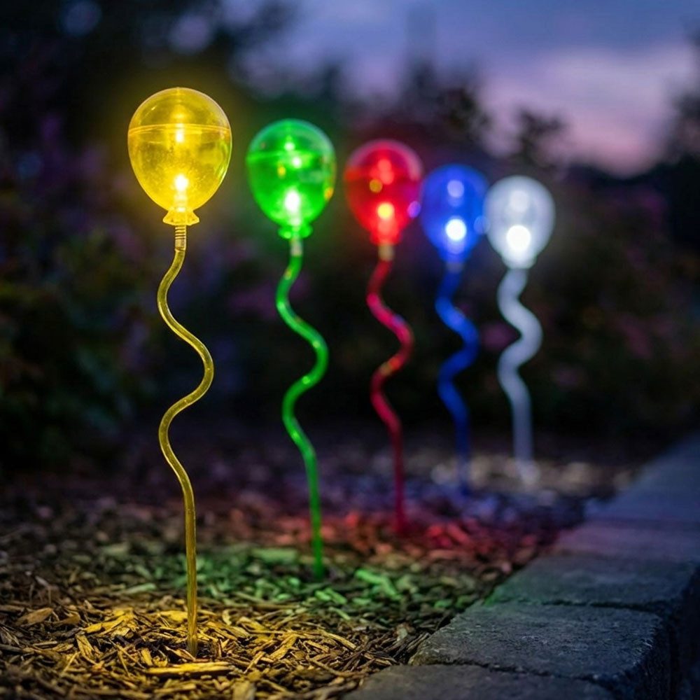 Harms Import LED Dekofigur, LED-Leuchtmittel fest verbaut, Farbig, Warmweiß, 5x LED Solarleuchte transparent bunt Luftballon mit Erdspieß H 60 cm