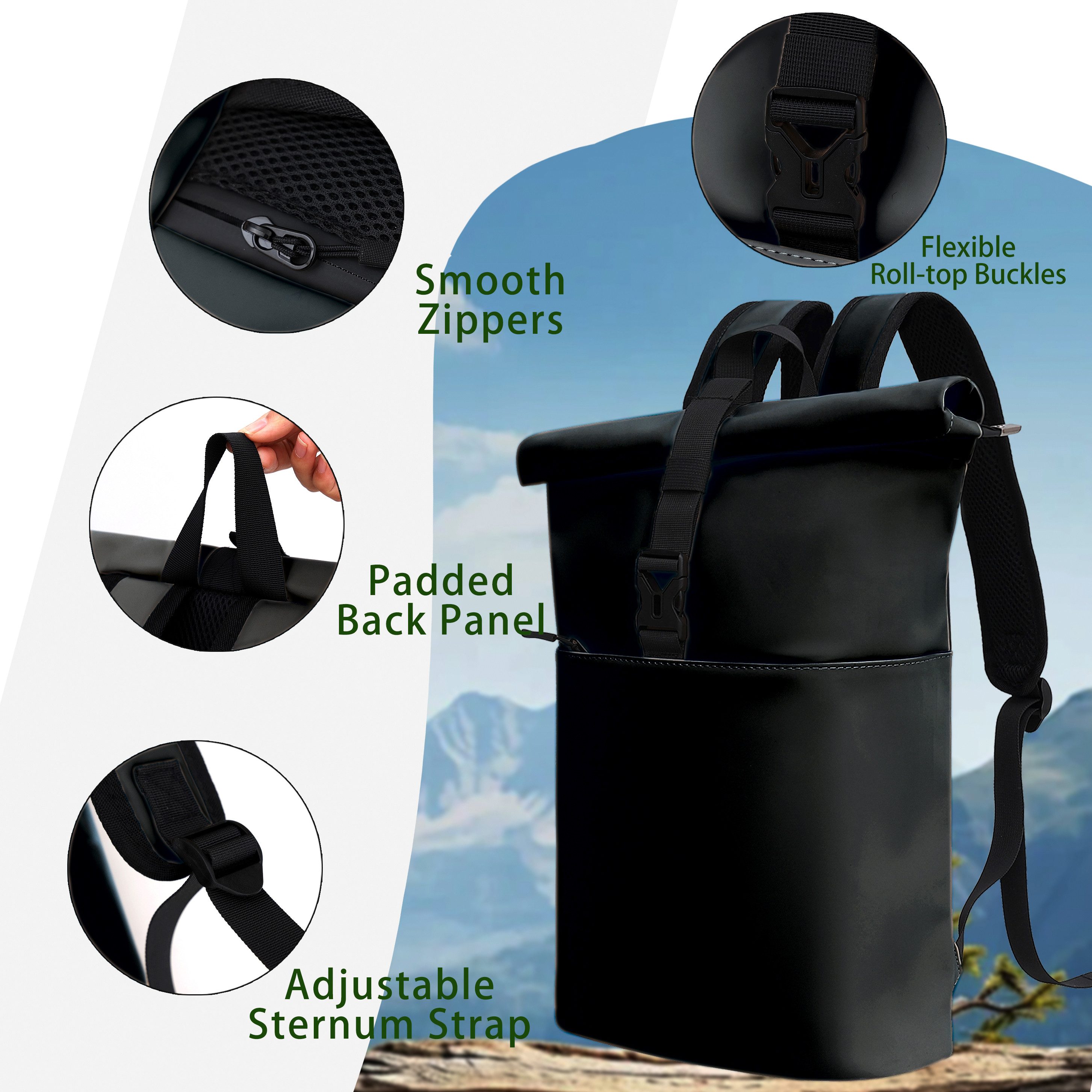 EAAKIE Rucksack RollTop Rucksack Freizeitrucksack Herren Damen Wasserabweisend, spritzwassergeschütztes Polyester und wasserabweisende Reißverschlüsse