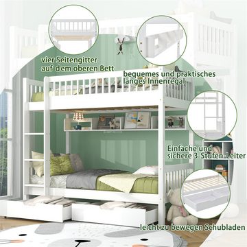 PHOEBE CAT Etagenbett, Kinderbett mit Leiter, Regale und 2 Schubladen, umwandelbar, 90x200cm