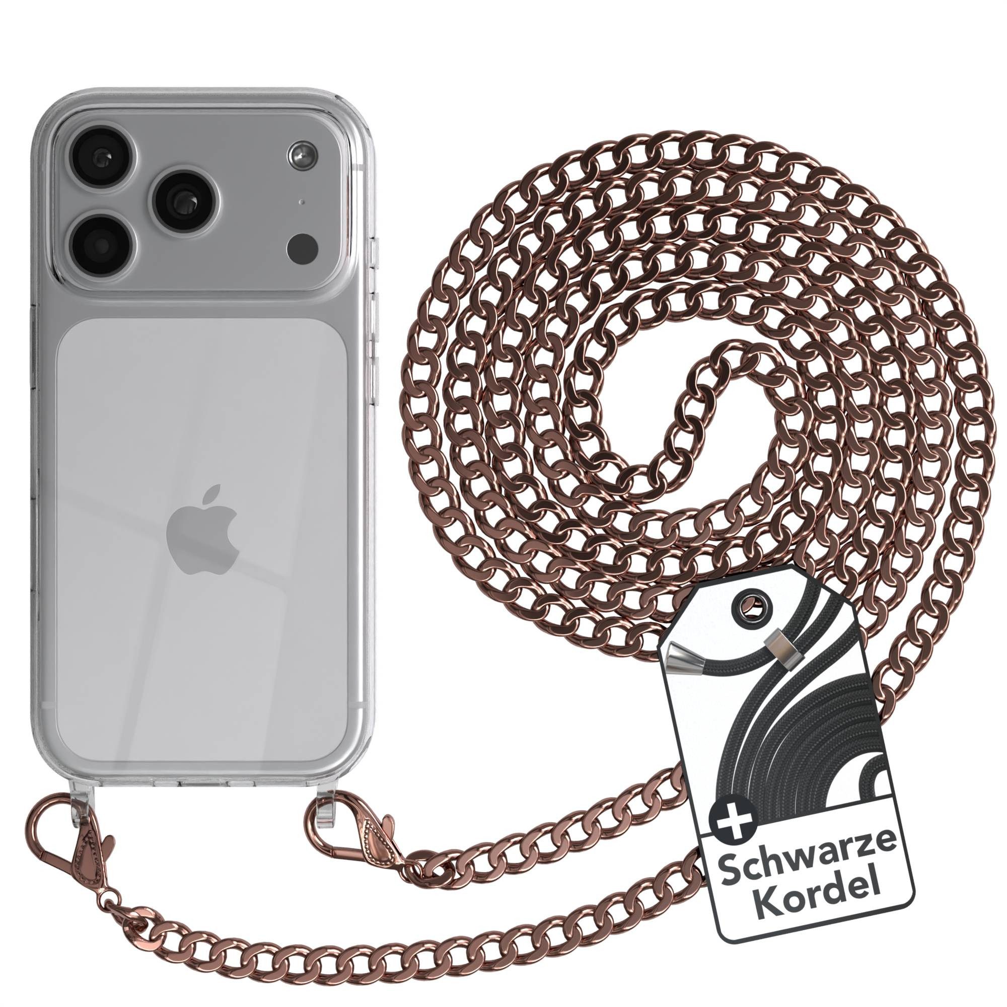 EAZY CASE Handykette 2in1 Metallkette für Apple iPhone 17 Pro 6,3 Zoll, Silikonhülle Transparent Smartphonekette für Unterwegs Ketten Rose