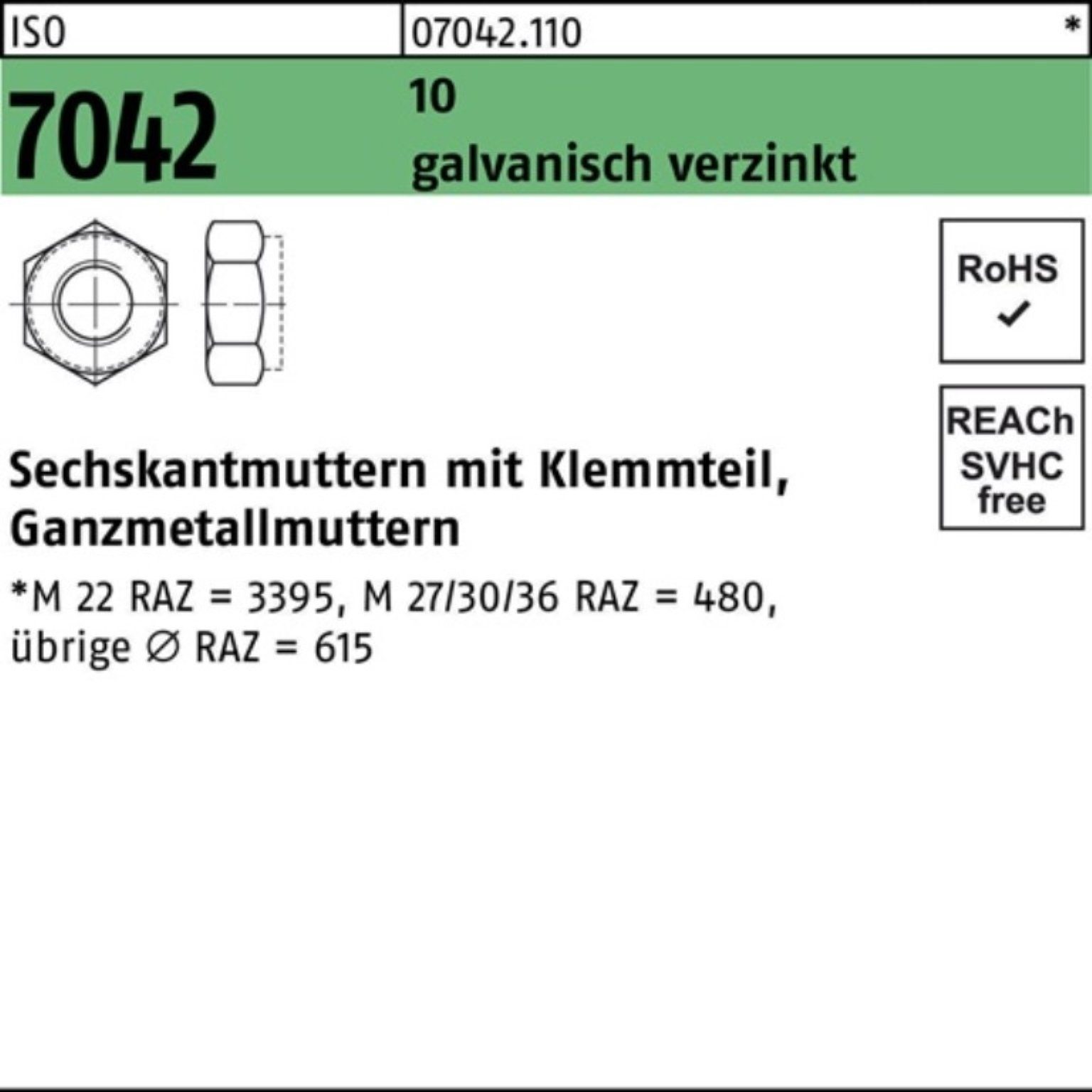 Reyher Muttern 100er Pack Sechskantmutter ISO 7042 Klemmteil M10 10 galv.verz. 100 St