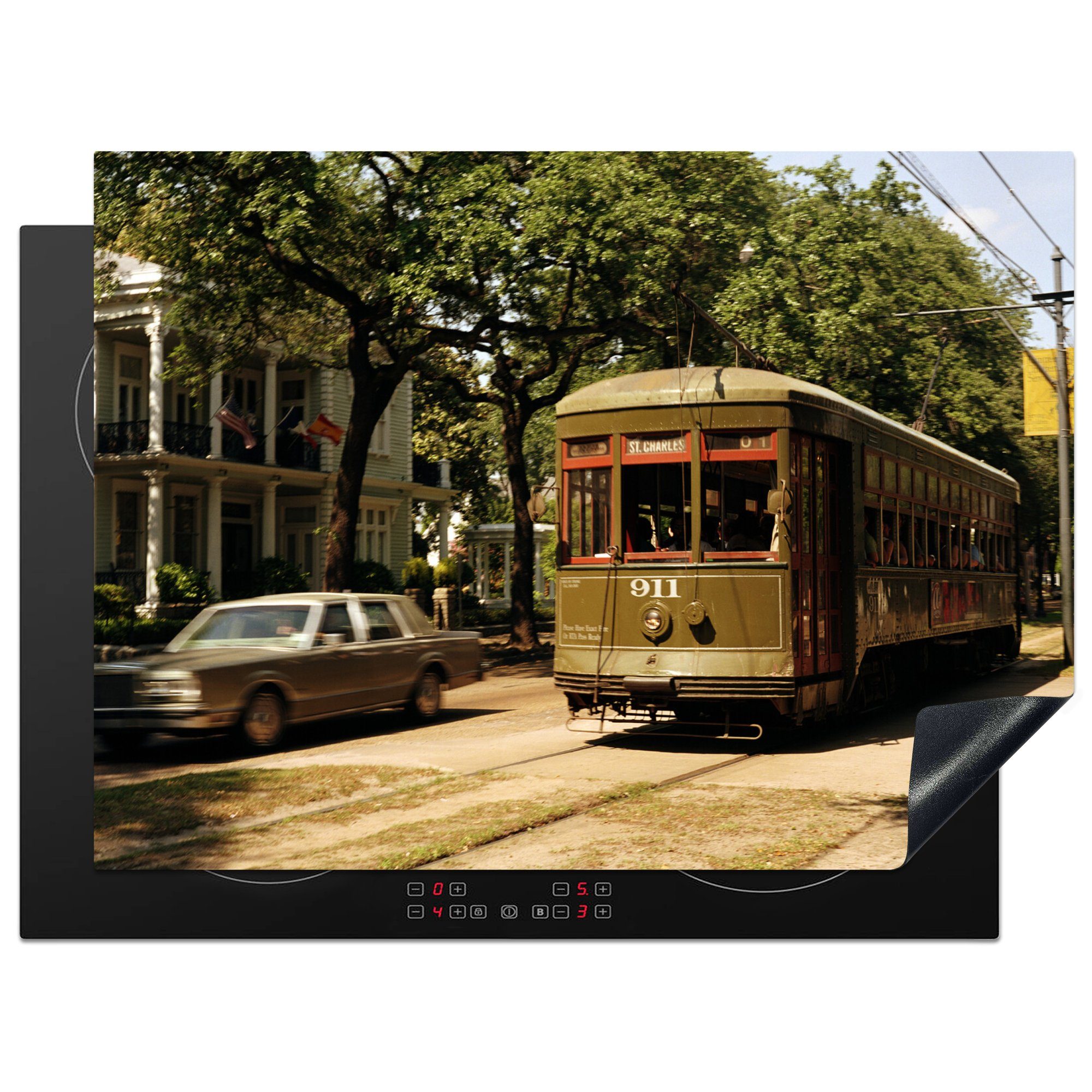nutzbar, 70x52 in Vinyl, Arbeitsfläche Ceranfeldabdeckung Straßenbahn New Mobile Eine (1 tlg), alte Herdblende-/Abdeckplatte cm, Orleans, USA, MuchoWow