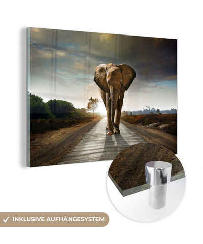 MuchoWow Acrylglasbild Elefant - Straße - Tiere - Sonnenuntergang - Landschaft, Elefant - Sonnenuntergang (1 St), Glasbilder - Bilder auf Glas Wandbild - Foto auf Glas - Wanddekoration