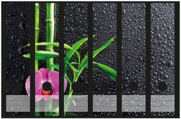 Wallario Etiketten Bambus und pinke Orchidee auf schwarzem Glas mit Regentropfen, Ordnerrücken-Sticker in verschiedenen Ausführungen