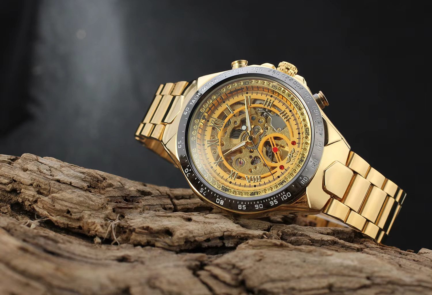 Rötting Design Automatikuhr Herrenuhr Armbanduhr Skelett goldfarbenes Ziffernblatt, Skelett Ziffernblatt – Bild 4 von 5