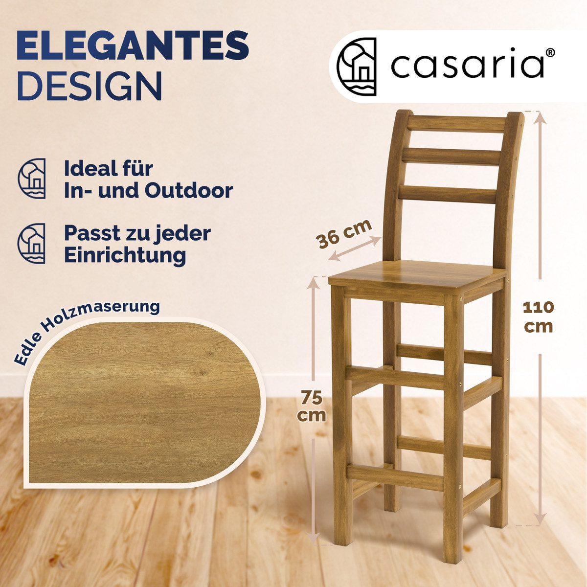 Casaria Barhocker, Holz Lehne Outdoor 75cm Sitzhöhe Akazie 150kg Belastbarkeit Fußstütze